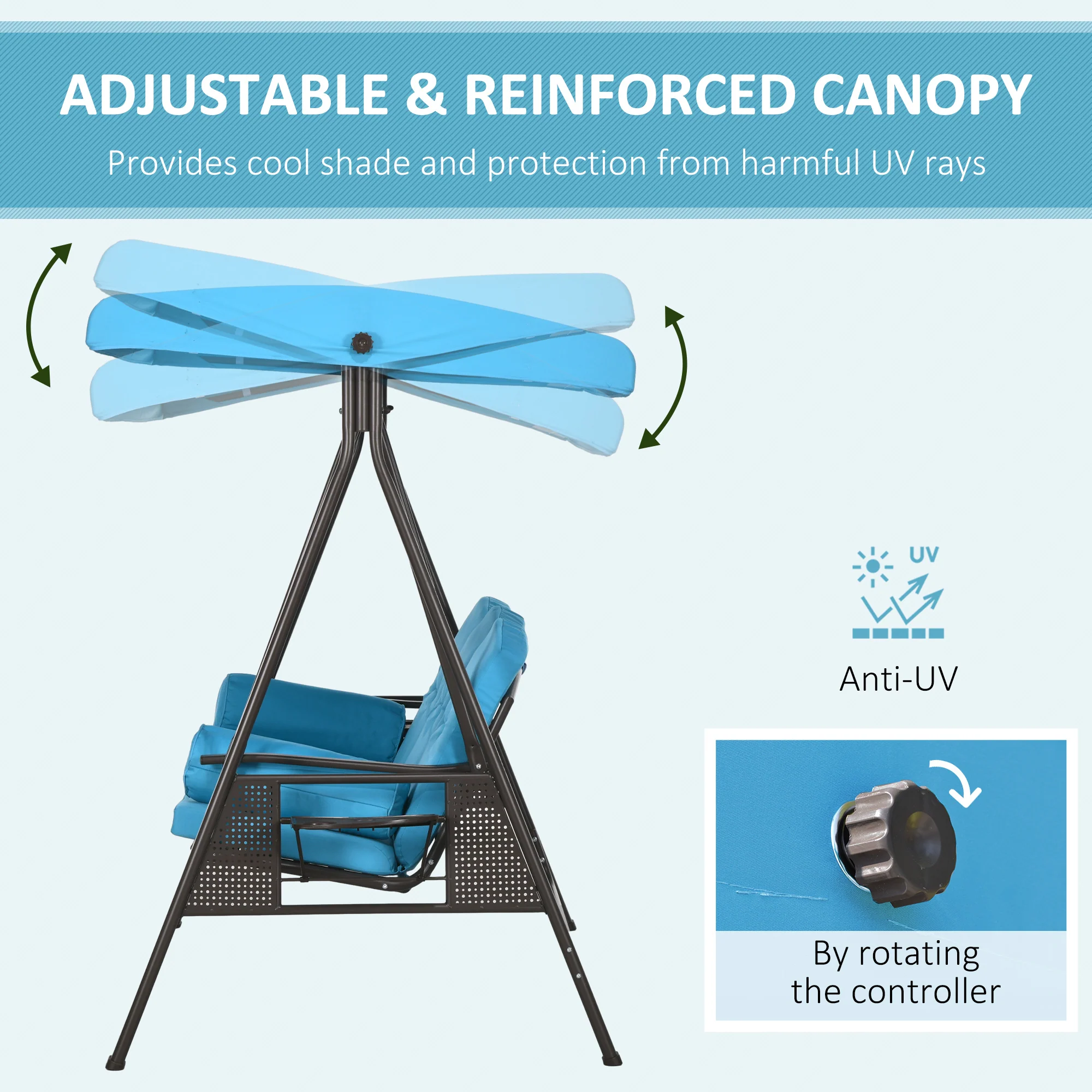 3-Person Outdoor Canopy Cushioned Swing Chair with Included Side Trays, Light Blue - Image 6