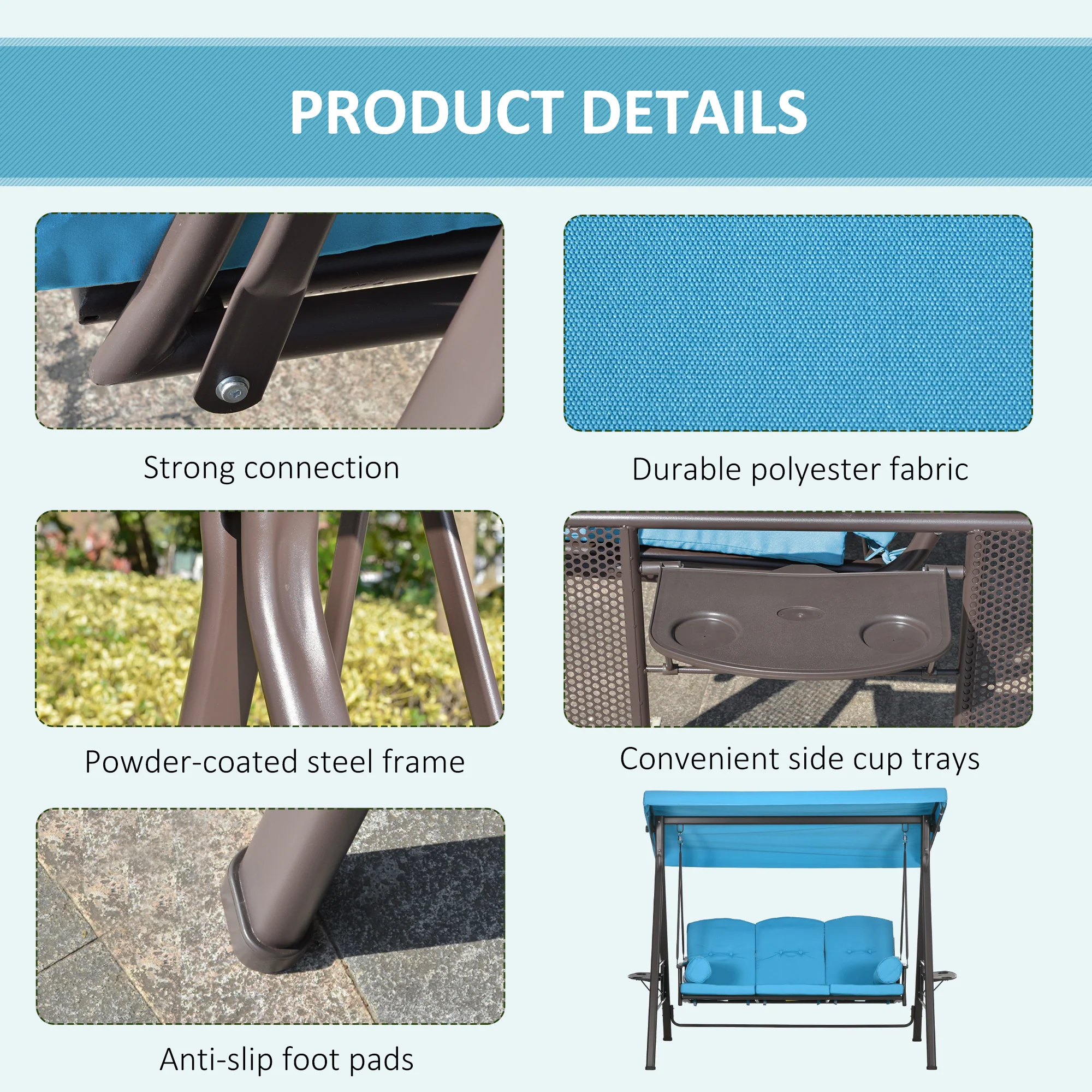 3-Person Outdoor Canopy Cushioned Swing Chair with Included Side Trays, Light Blue - Image 7