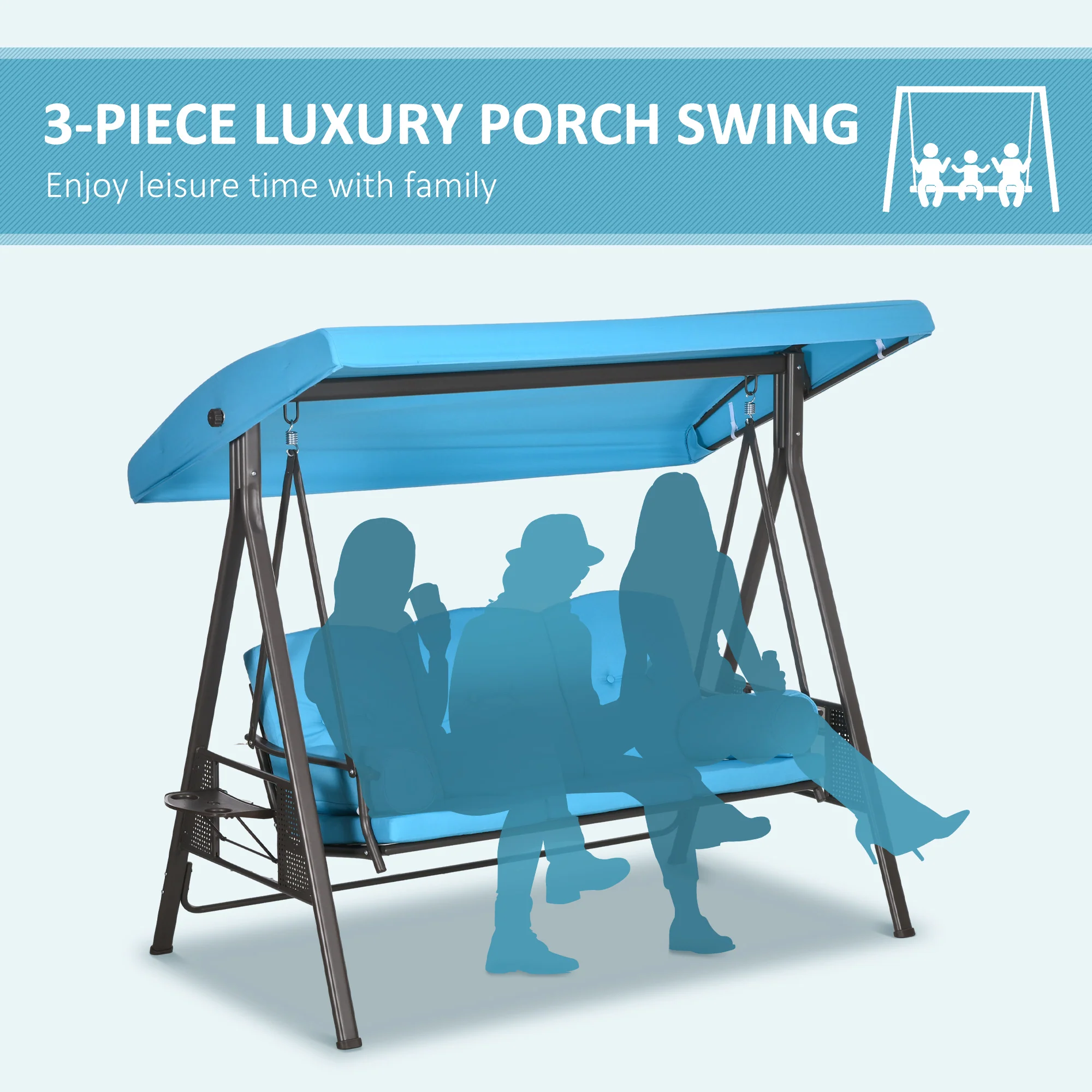 3-Person Outdoor Canopy Cushioned Swing Chair with Included Side Trays, Light Blue - Image 9