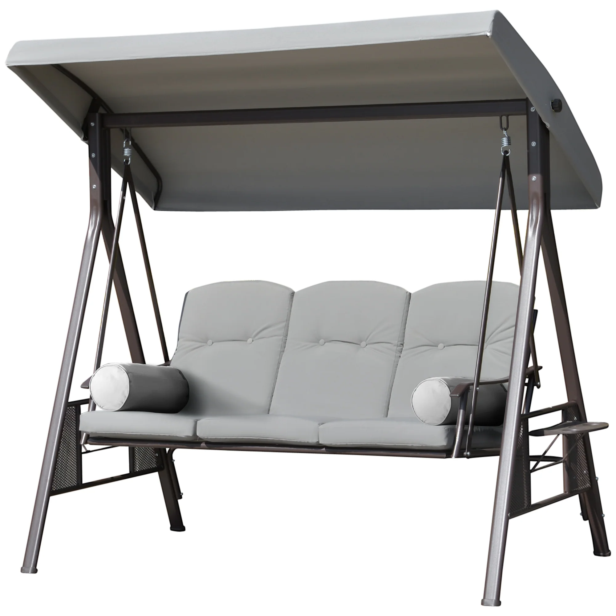 3-Person Outdoor Canopy Cushioned Swing Chair with Included Side Trays, Light Grey - Image 2