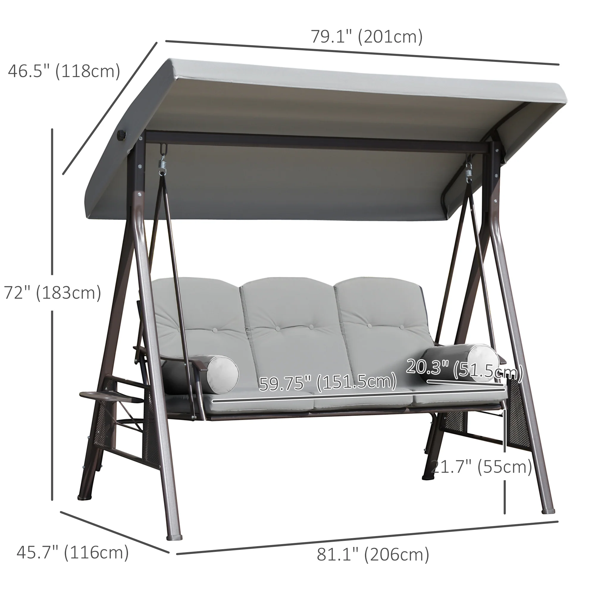 3-Person Outdoor Canopy Cushioned Swing Chair with Included Side Trays, Light Grey - Image 5