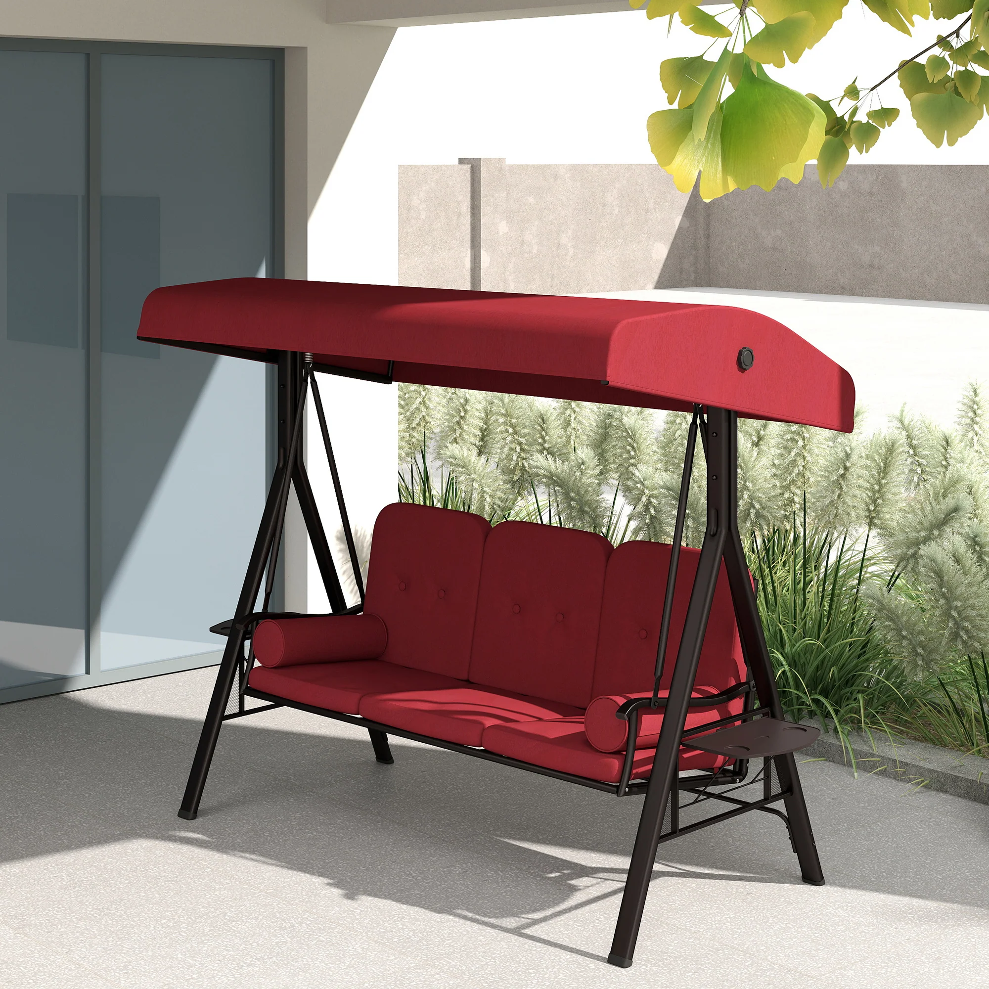 3-Person Outdoor Canopy Cushioned Swing Chair with Included Side Trays, Wine Red - Image 10
