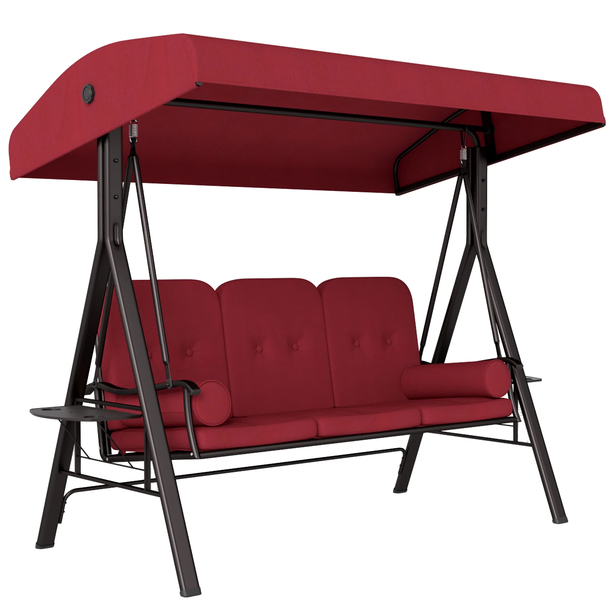 3-Person Outdoor Canopy Cushioned Swing Chair with Included Side Trays, Wine Red - Image 12