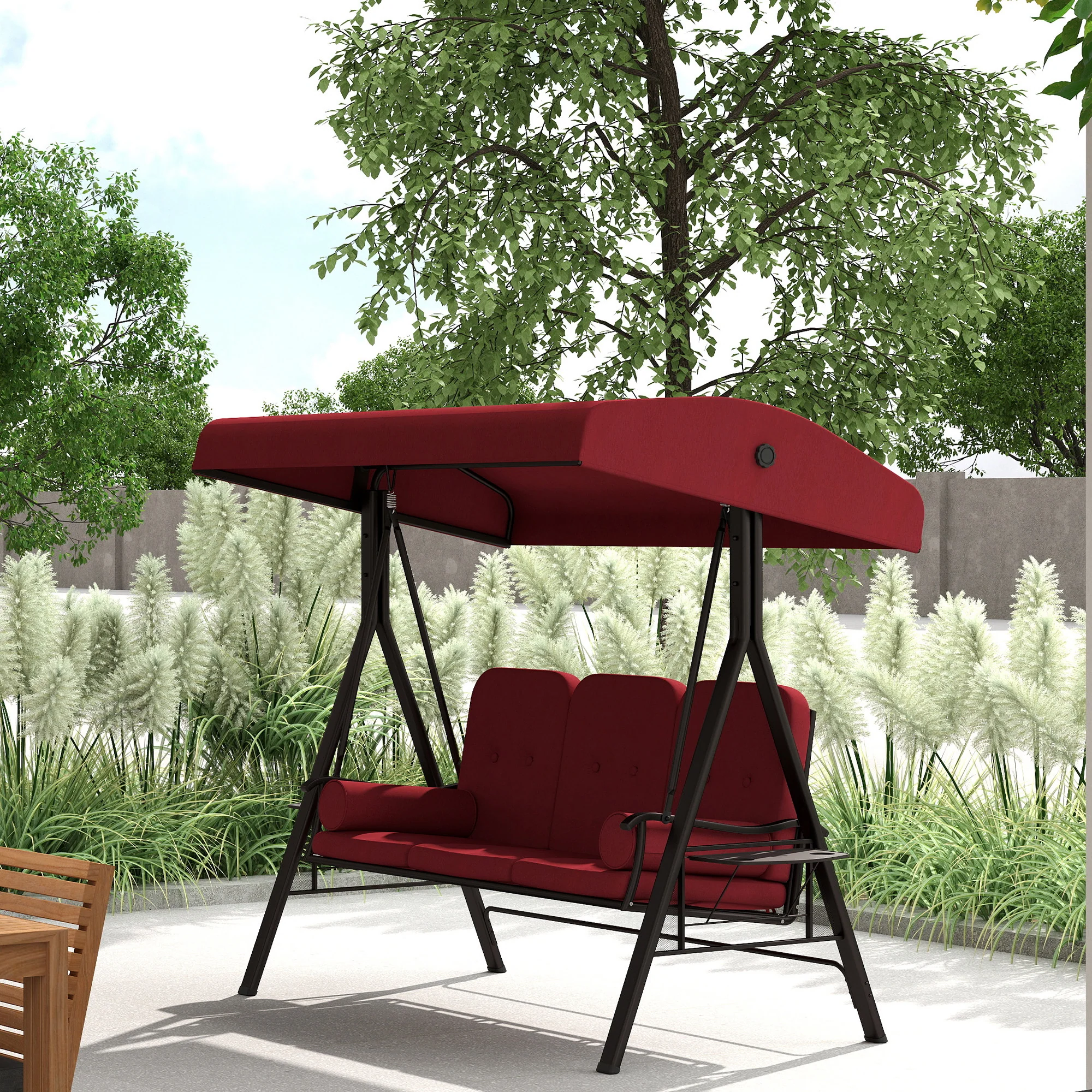 3-Person Outdoor Canopy Cushioned Swing Chair with Included Side Trays, Wine Red - Image 3