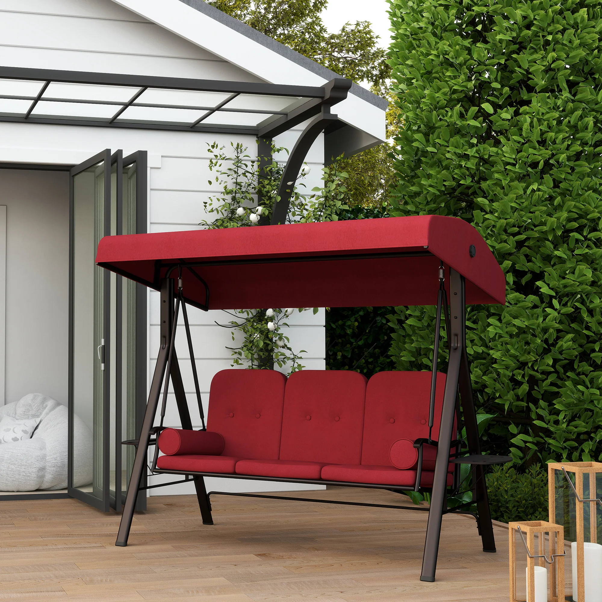 3-Person Outdoor Canopy Cushioned Swing Chair with Included Side Trays, Wine Red - Image 4