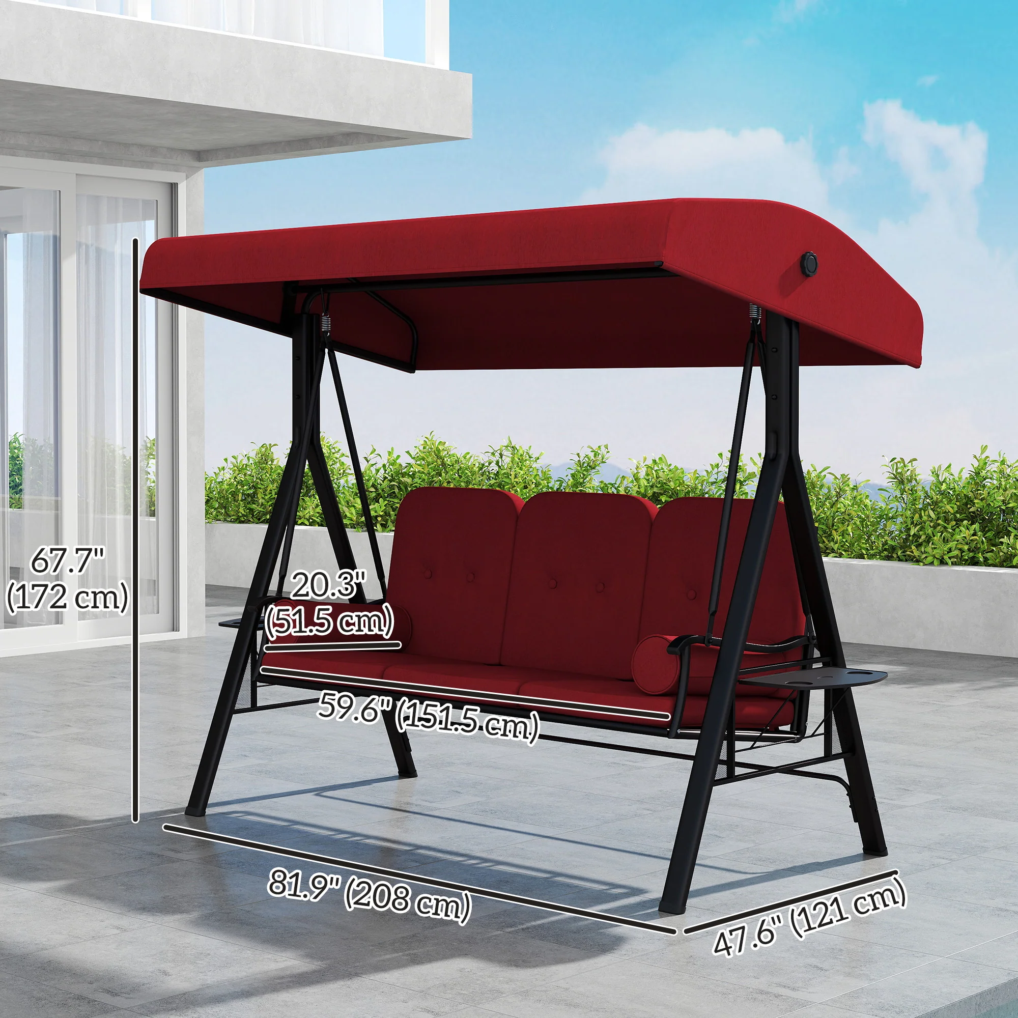 3-Person Outdoor Canopy Cushioned Swing Chair with Included Side Trays, Wine Red - Image 5