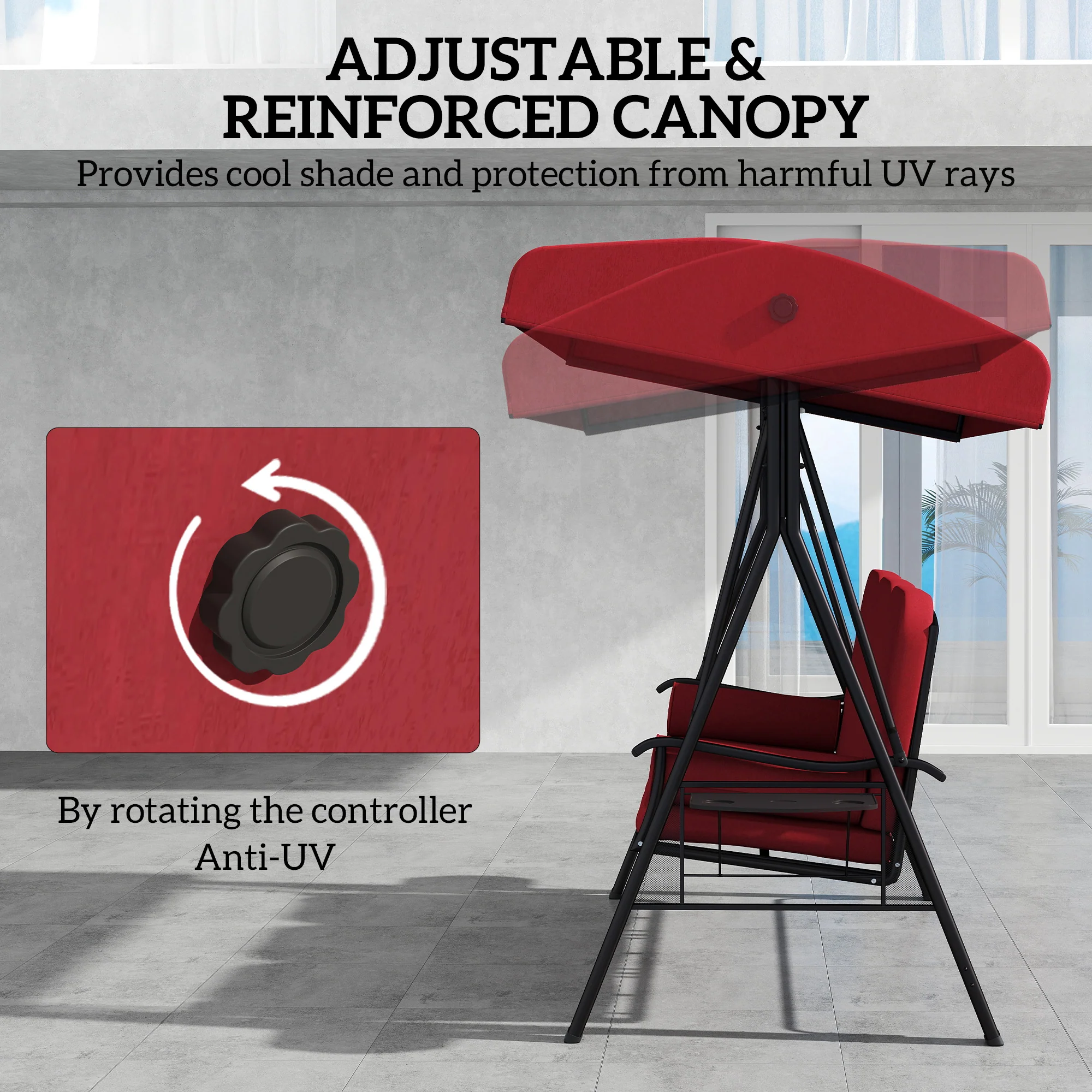 3-Person Outdoor Canopy Cushioned Swing Chair with Included Side Trays, Wine Red - Image 6