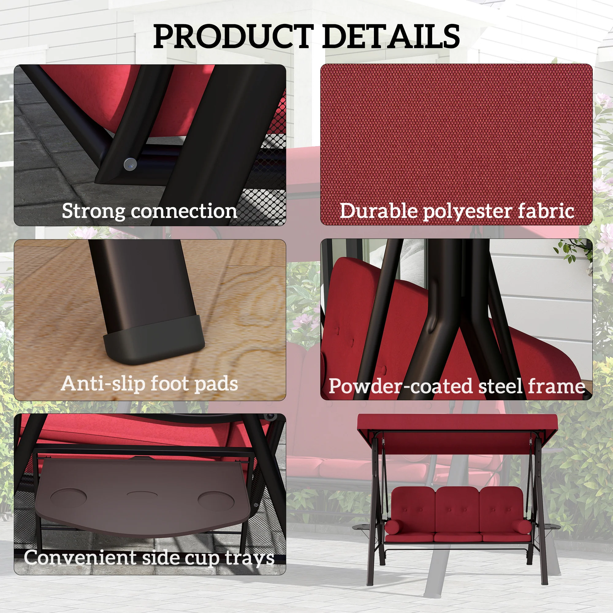 3-Person Outdoor Canopy Cushioned Swing Chair with Included Side Trays, Wine Red - Image 7
