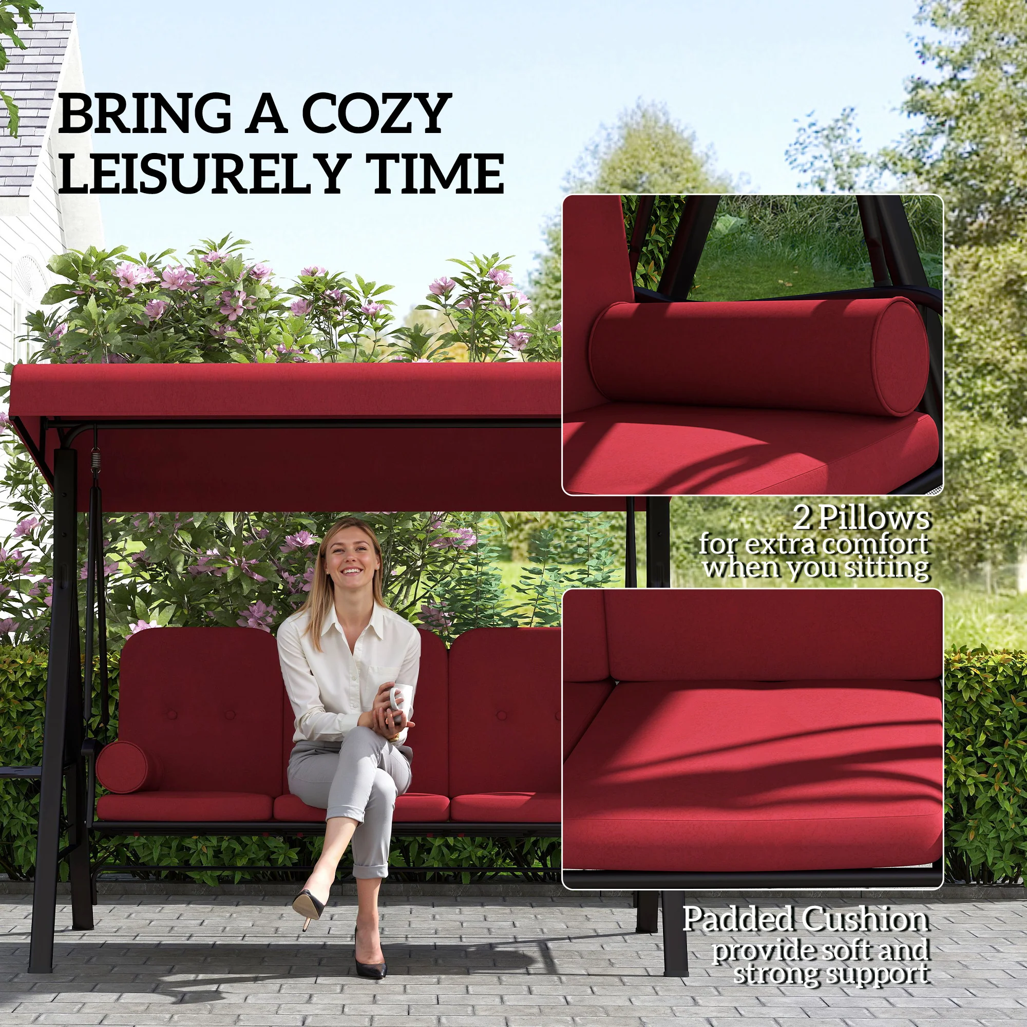 3-Person Outdoor Canopy Cushioned Swing Chair with Included Side Trays, Wine Red - Image 8