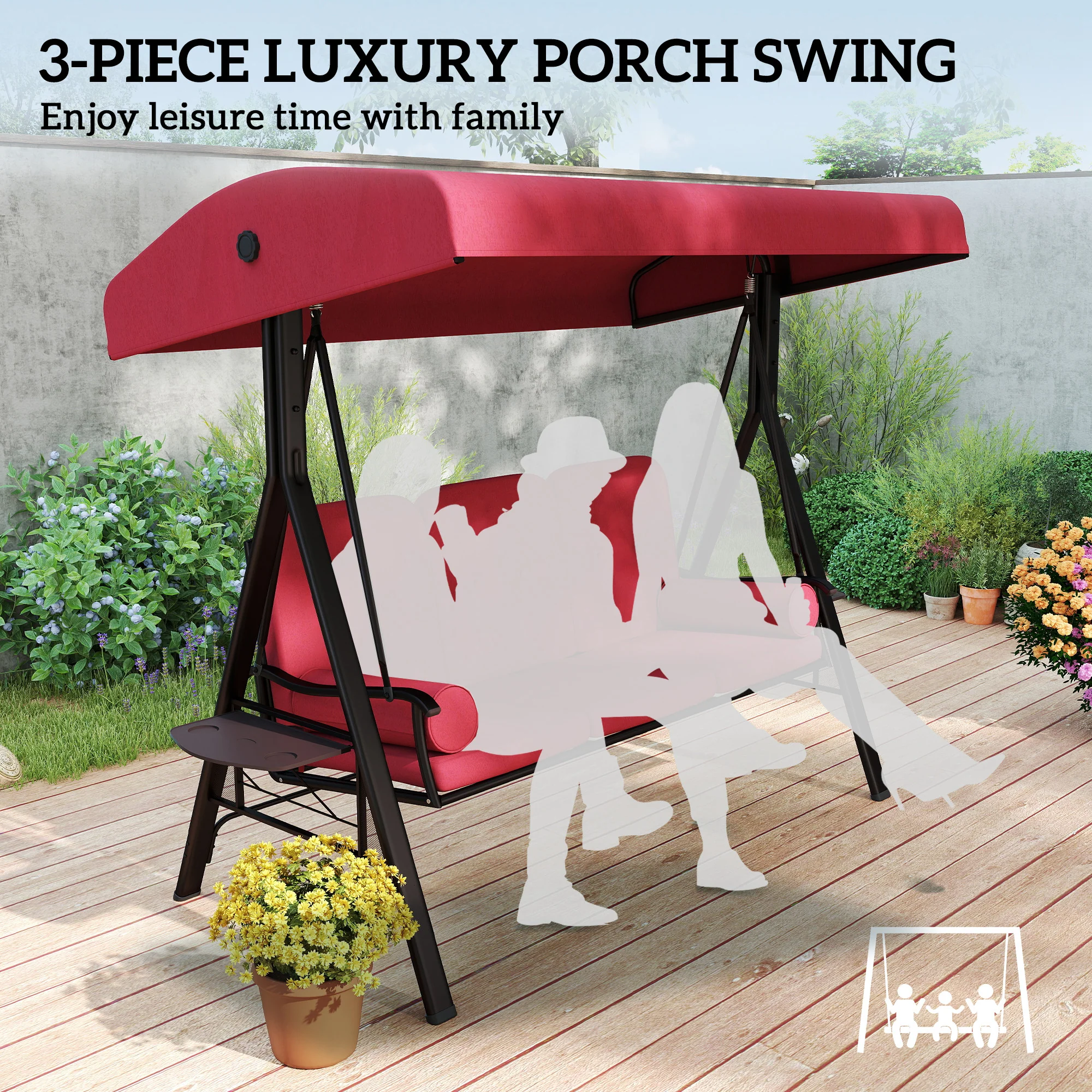 3-Person Outdoor Canopy Cushioned Swing Chair with Included Side Trays, Wine Red - Image 9