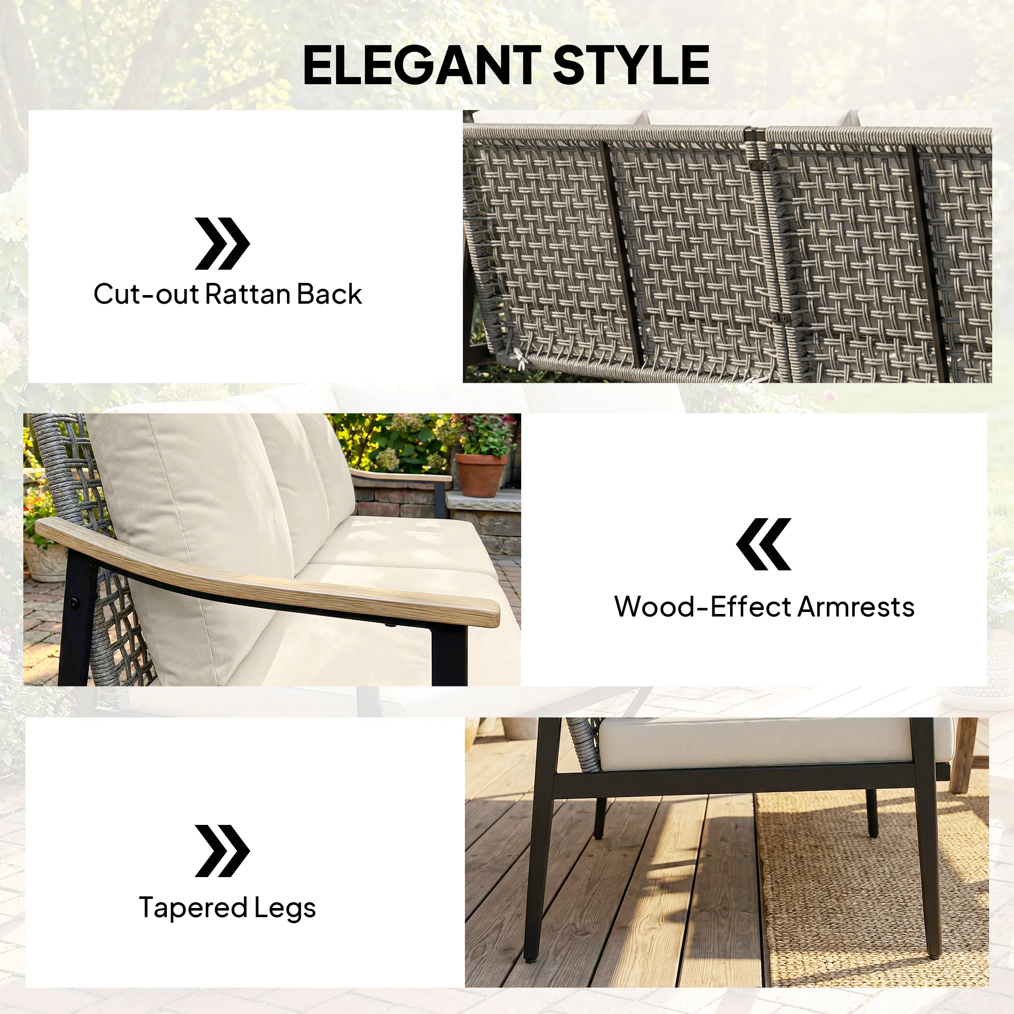 3 Seater Rattan Sofa with Wood-Effect Armrests, Khaki - Image 7