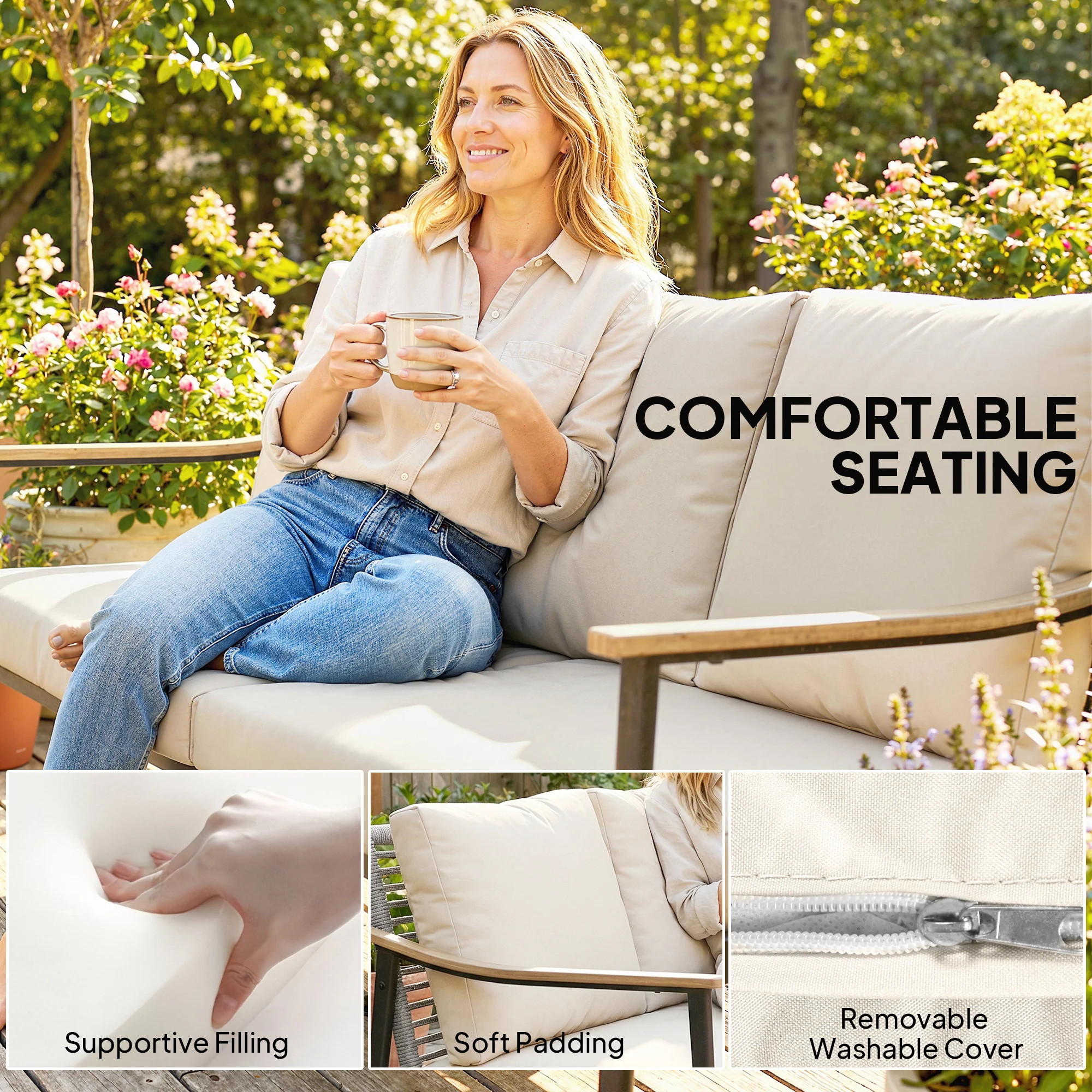 3 Seater Rattan Sofa with Wood-Effect Armrests, Khaki - Image 8