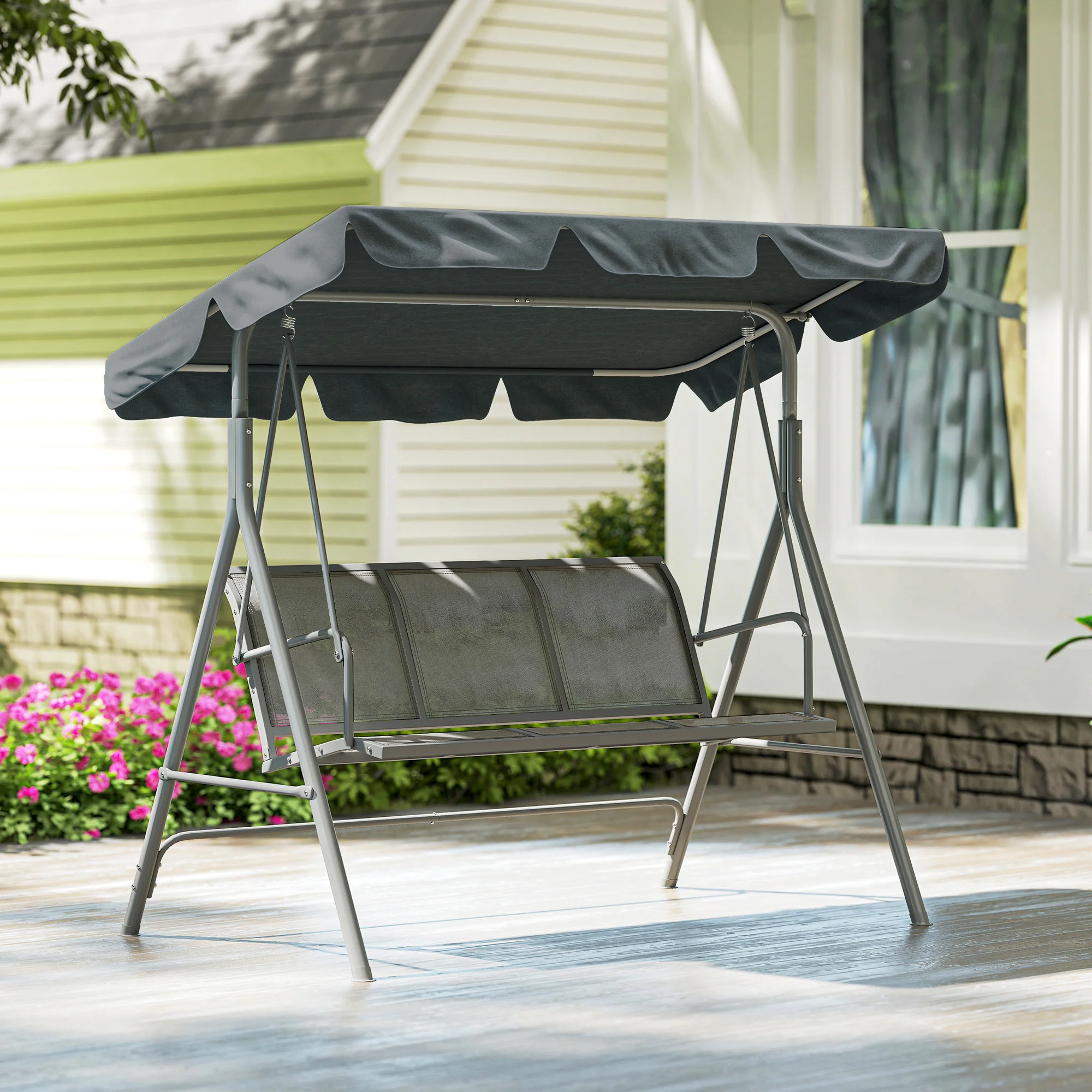 3 Seater Garden Swing Bench with Adjustable Tilting Canopy and Breathable Mesh Seat for Patio, Garden, Dark Grey - Image 10