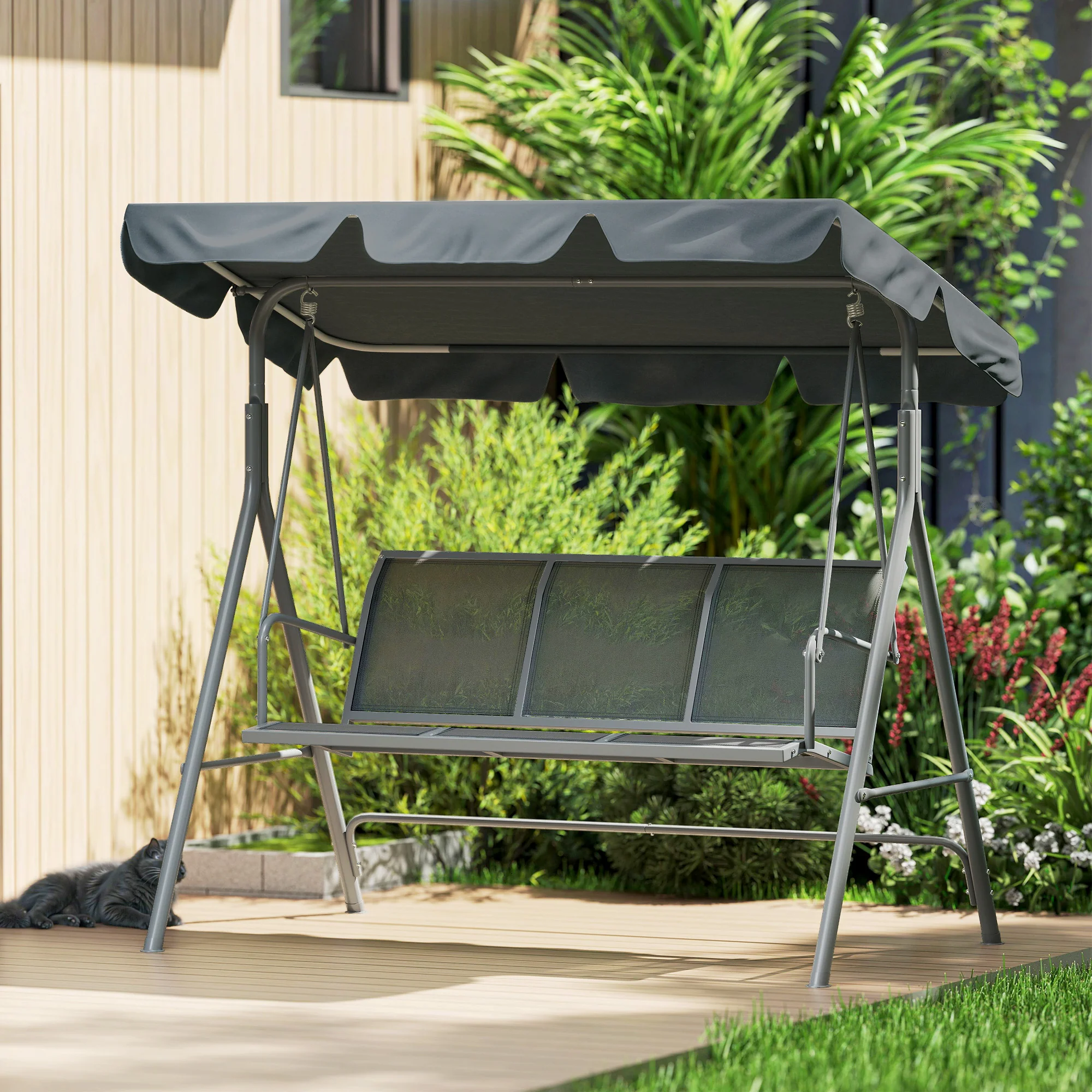3 Seater Garden Swing Bench with Adjustable Tilting Canopy and Breathable Mesh Seat for Patio, Garden, Dark Grey - Image 11