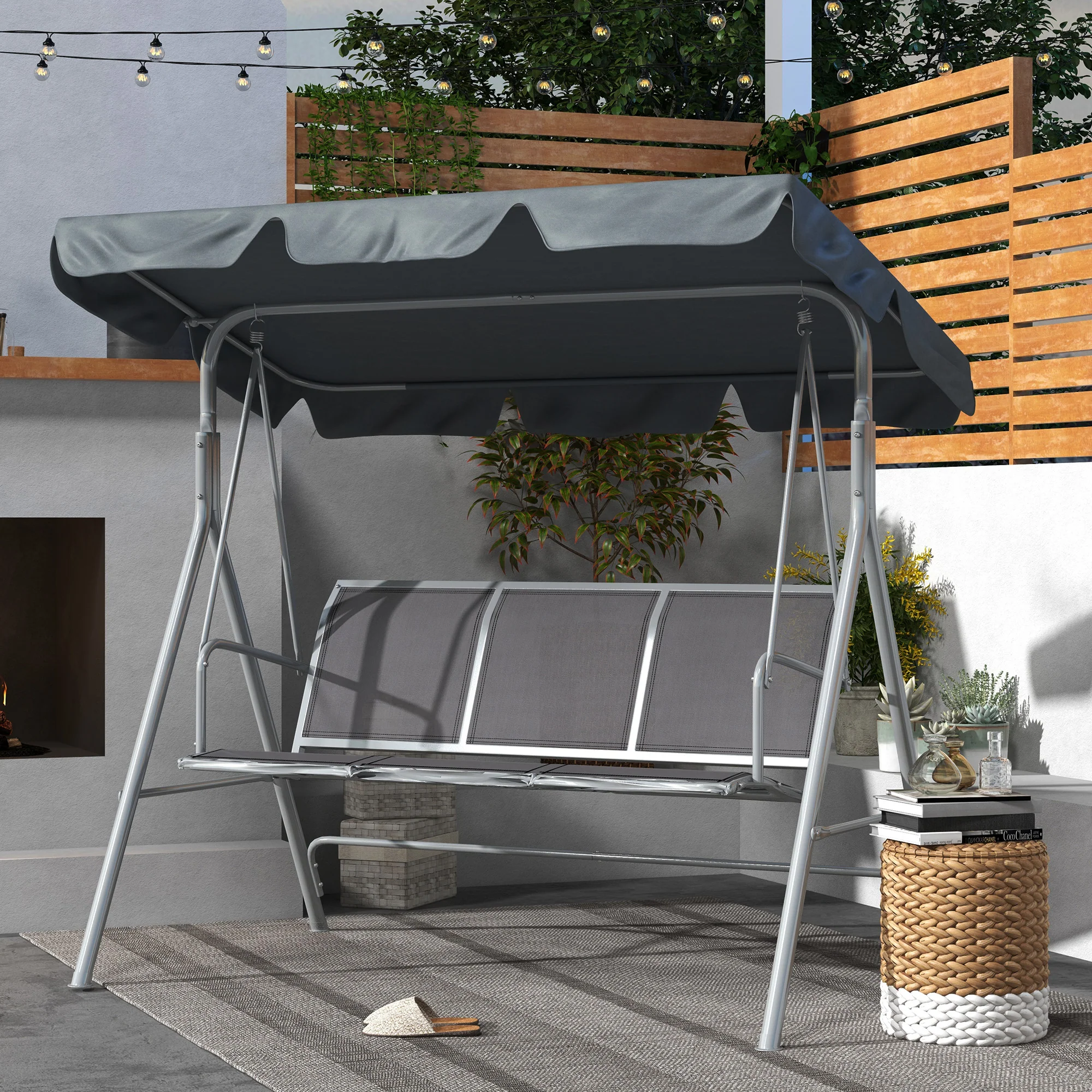 3 Seater Garden Swing Bench with Adjustable Tilting Canopy and Breathable Mesh Seat for Patio, Garden, Dark Grey - Image 3