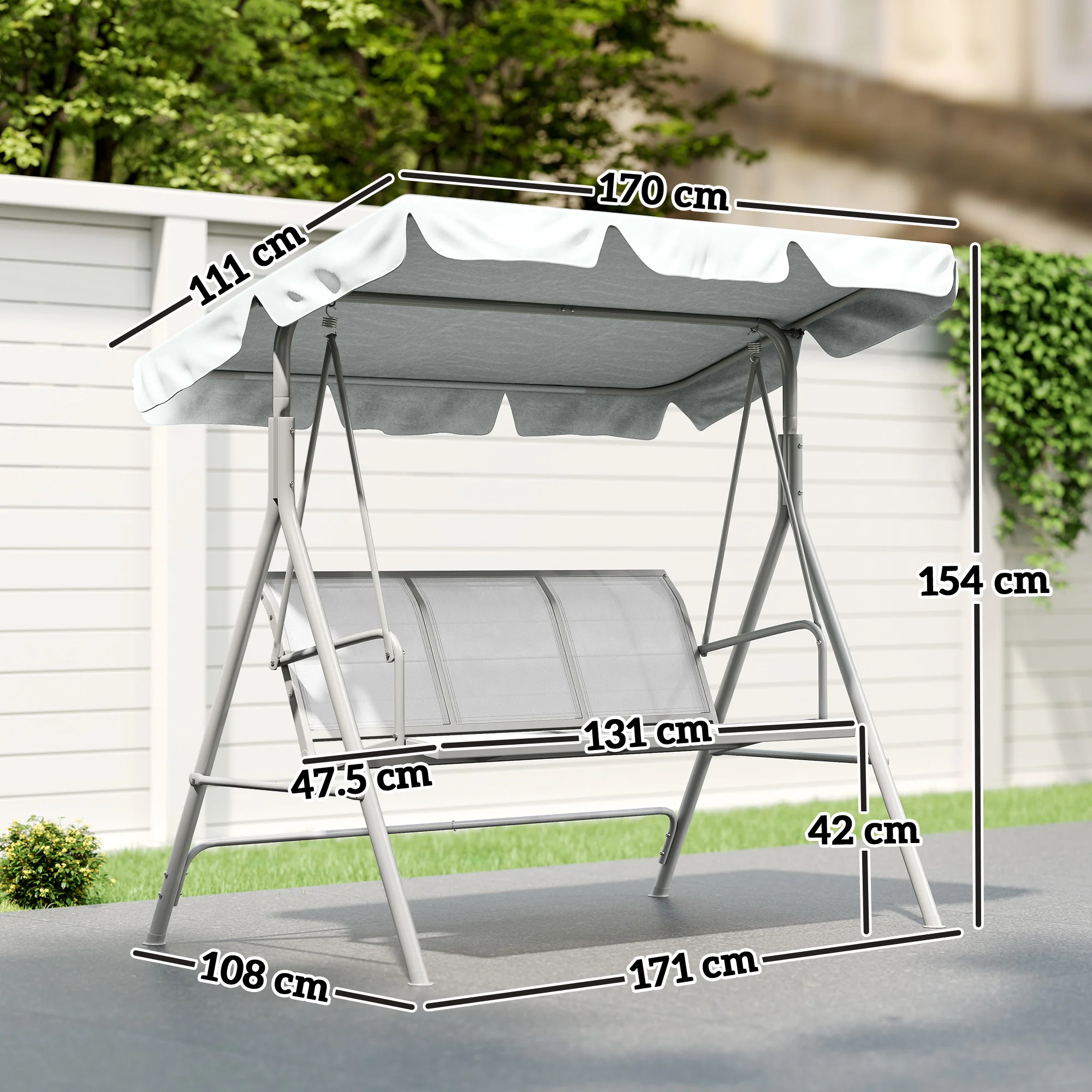 3 Seater Garden Swing Chair with Tilting Canopy & Mesh Seat, Light Grey - Image 5