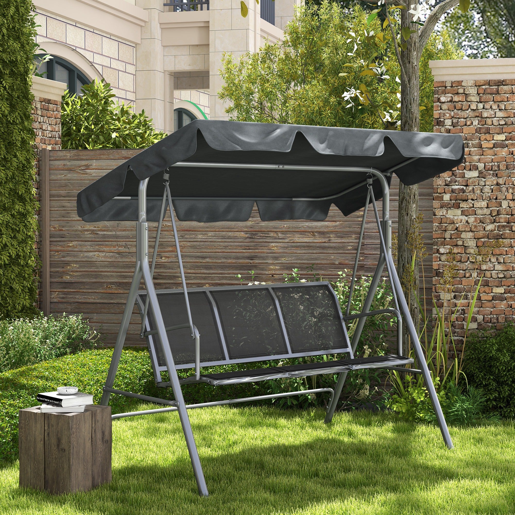 3 Seater Garden Swing Bench with Adjustable Tilting Canopy and Breathable Mesh Seat for Patio, Garden, Dark Grey - Image 4