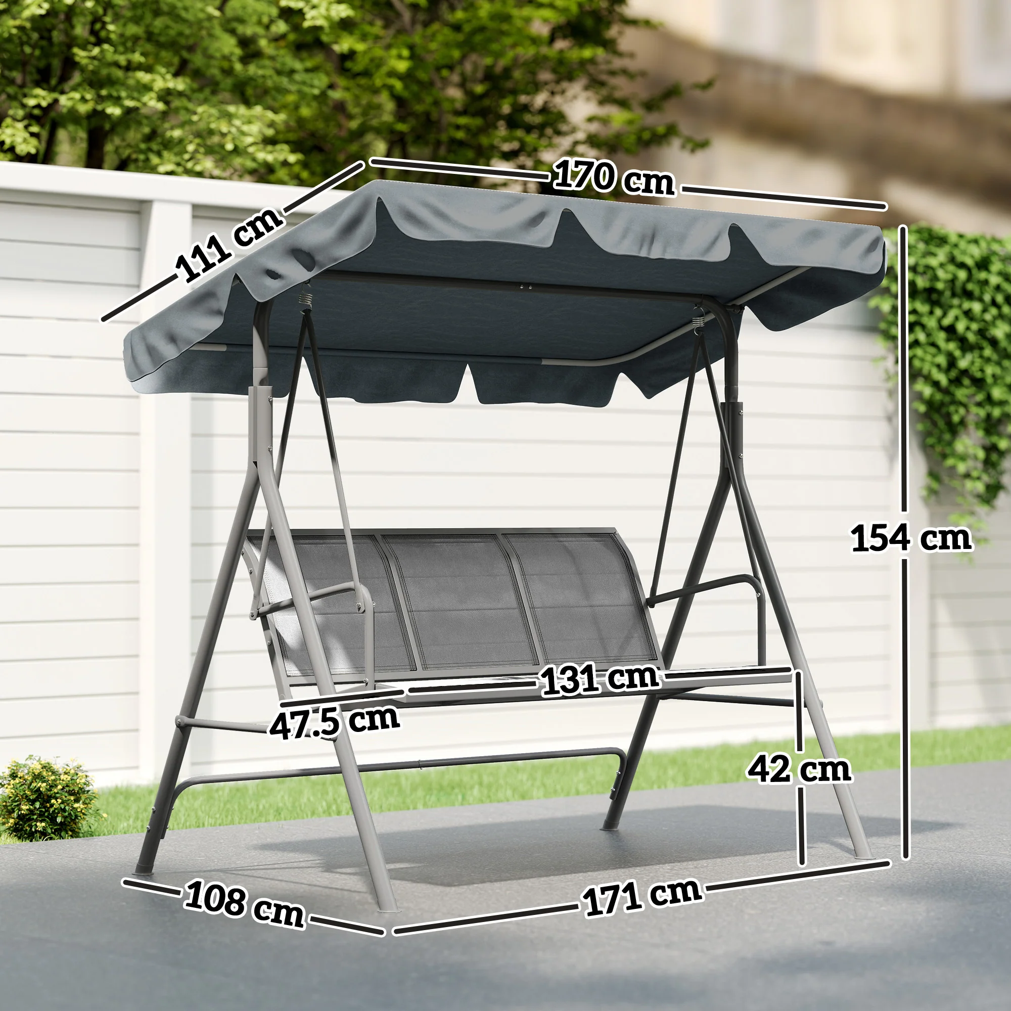 3 Seater Garden Swing Bench with Adjustable Tilting Canopy and Breathable Mesh Seat for Patio, Garden, Dark Grey - Image 5