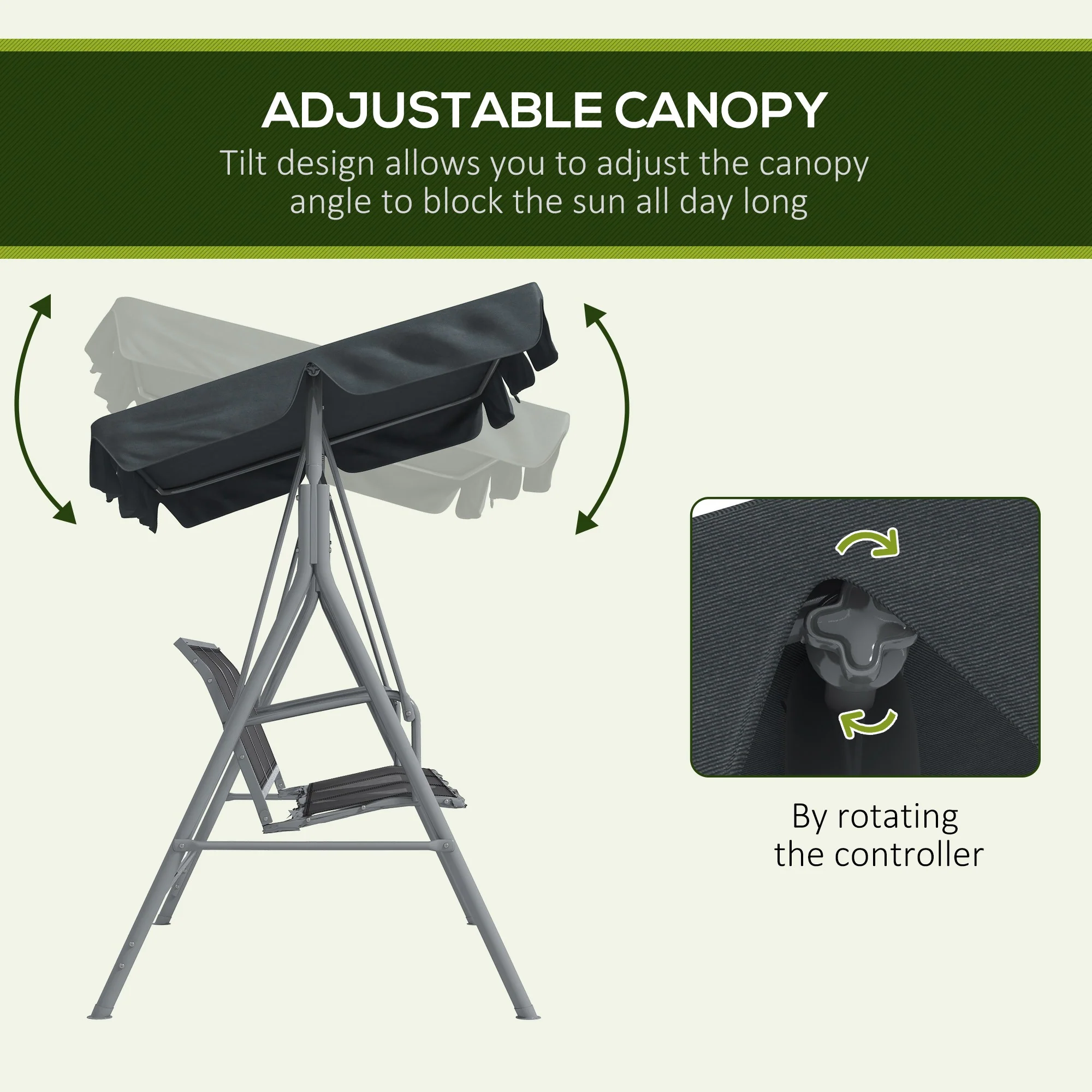 3 Seater Garden Swing Bench with Adjustable Tilting Canopy and Breathable Mesh Seat for Patio, Garden, Dark Grey - Image 6