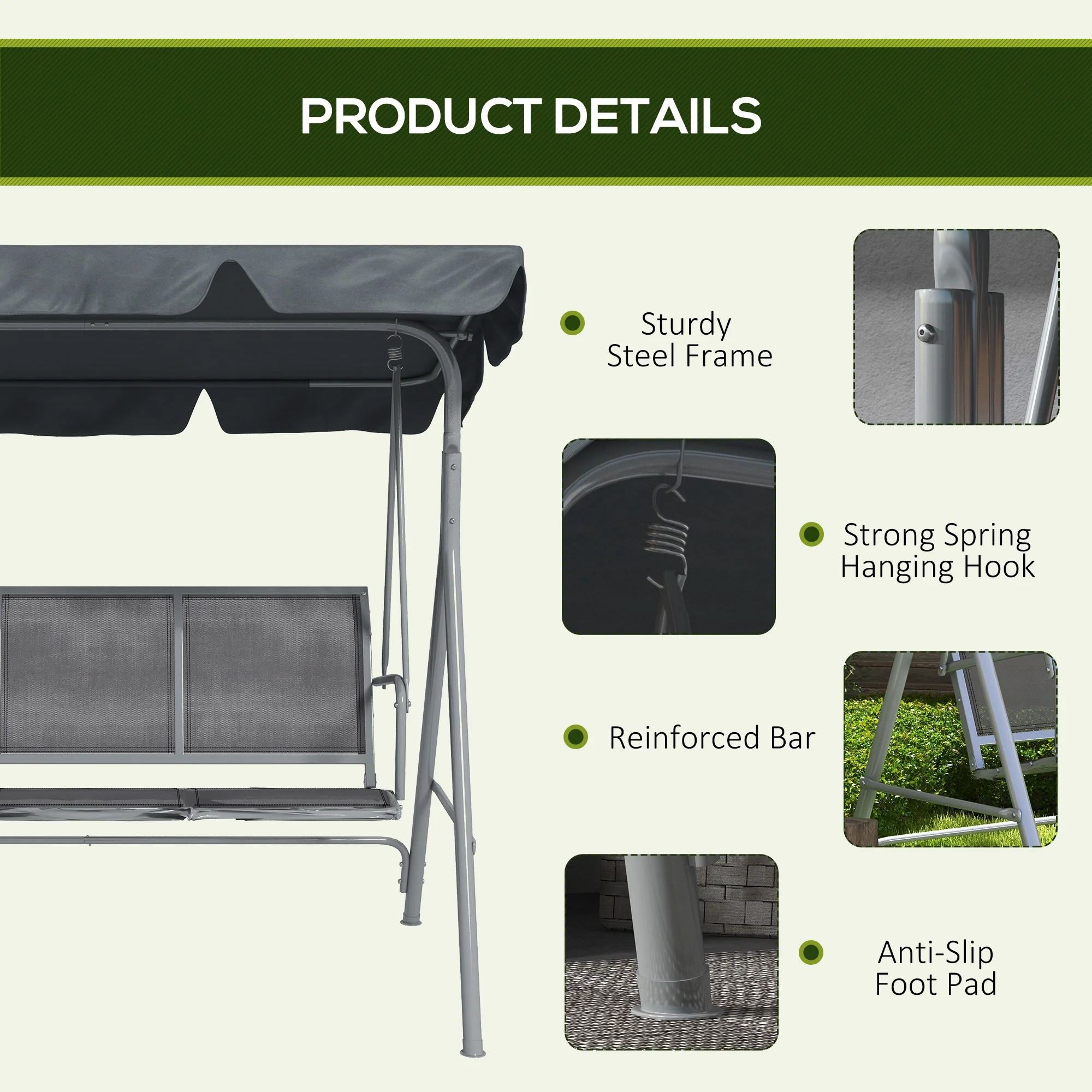 3 Seater Garden Swing Bench with Adjustable Tilting Canopy and Breathable Mesh Seat for Patio, Garden, Dark Grey - Image 8