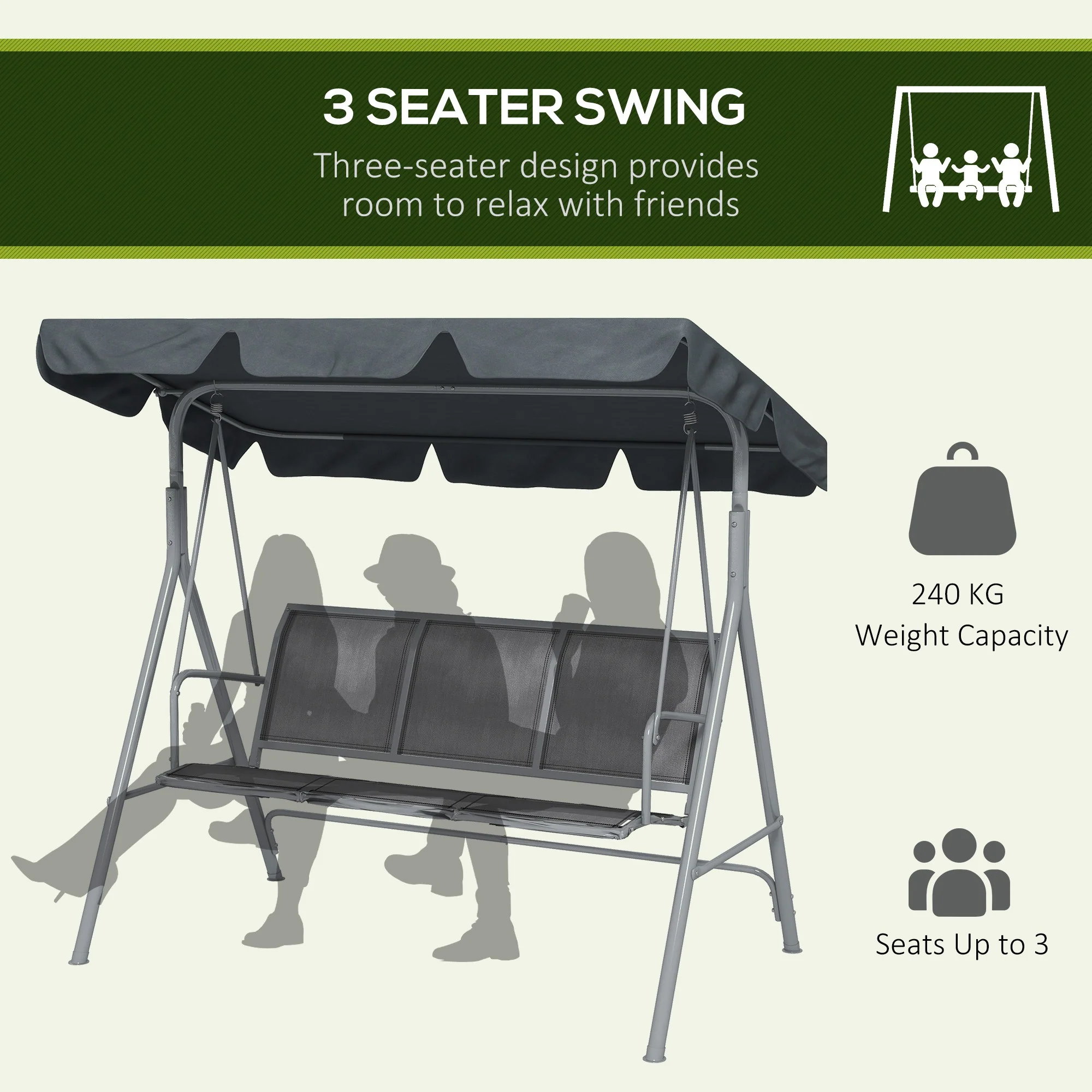3 Seater Garden Swing Bench with Adjustable Tilting Canopy and Breathable Mesh Seat for Patio, Garden, Dark Grey - Image 9