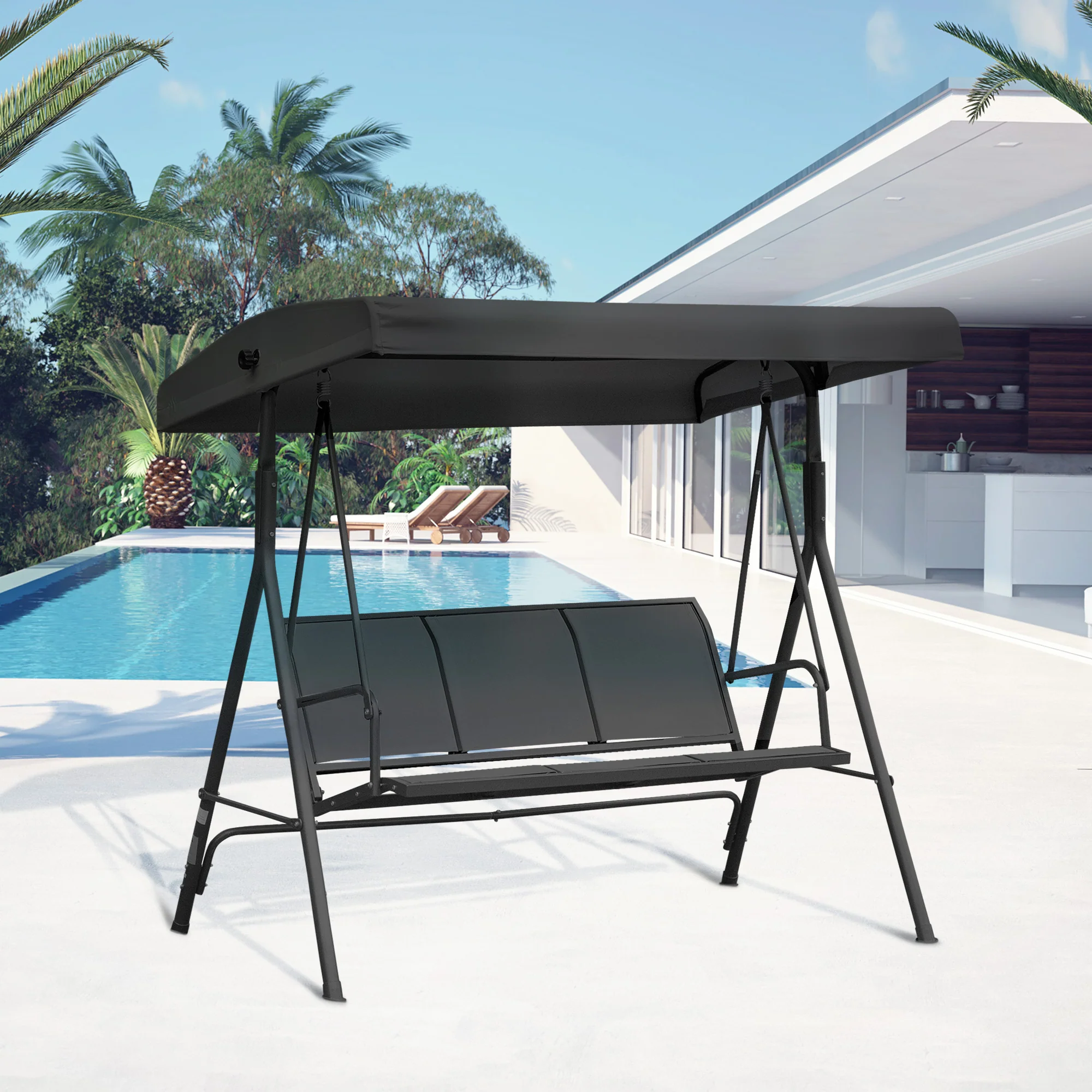 3 Seater Garden Swing Chair with Canopy, Breathable Mesh Seat and Steel Frame, Black - Image 3