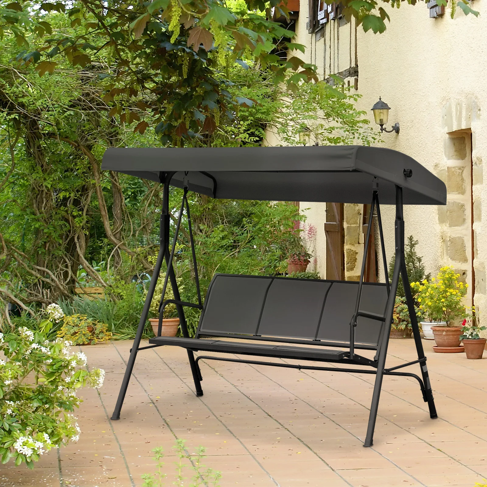 3 Seater Garden Swing Chair with Canopy, Breathable Mesh Seat and Steel Frame, Black - Image 4
