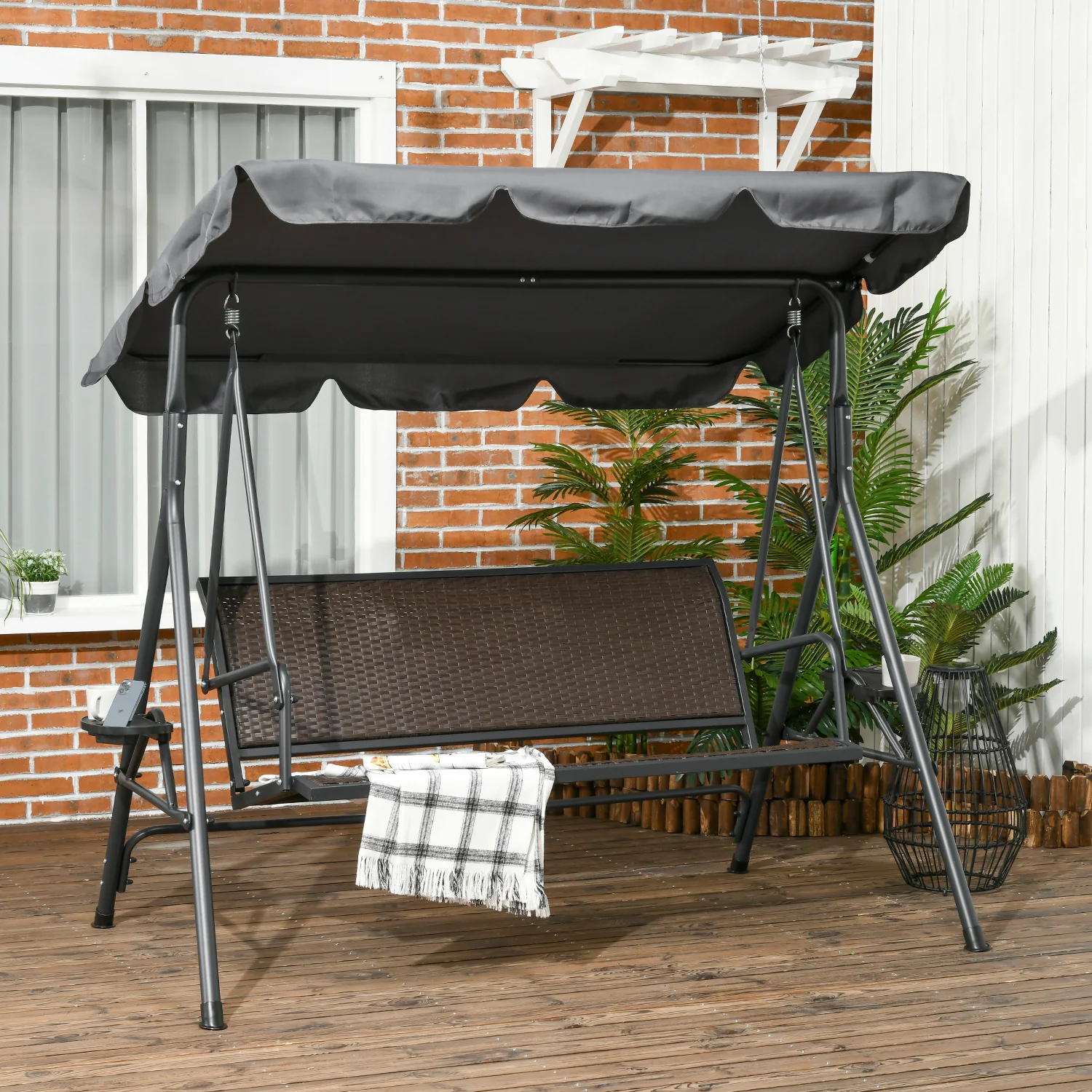 3 Seater Garden Swing Chair with Adjustable Canopy & Rattan Seat, Dark Grey - Image 3
