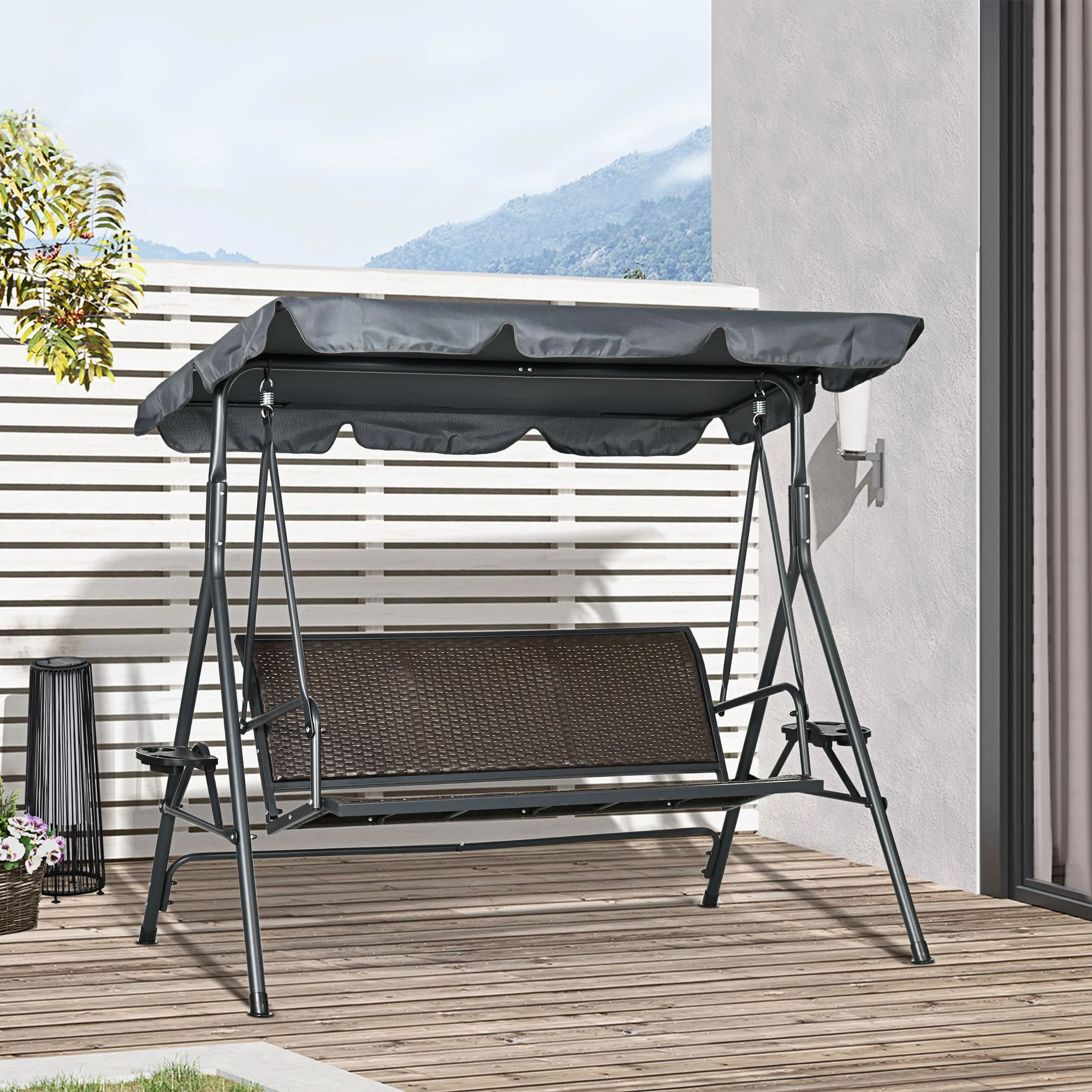 3 Seater Garden Swing Chair with Adjustable Canopy & Rattan Seat, Dark Grey - Image 4