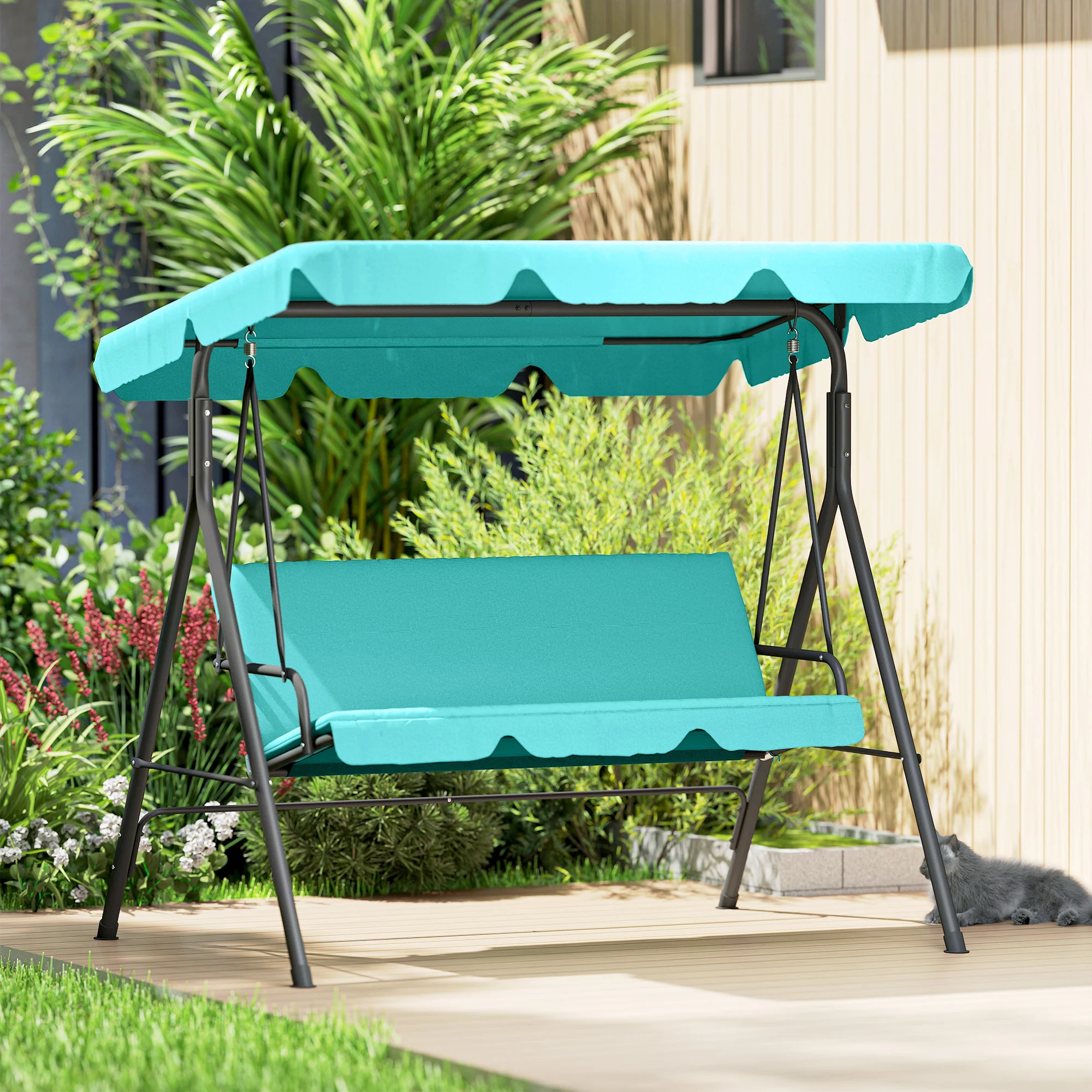 3 Seater Garden Swing Chair with Adjustable Canopy & Padded Seat, Blue - Image 10