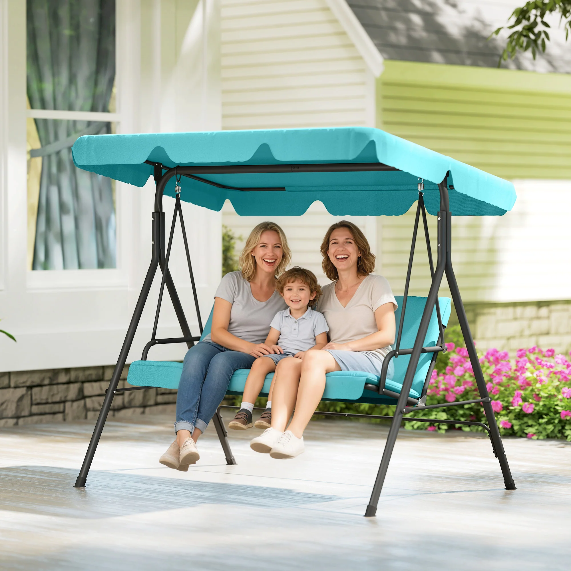 3 Seater Garden Swing Chair with Adjustable Canopy & Padded Seat, Blue - Image 11