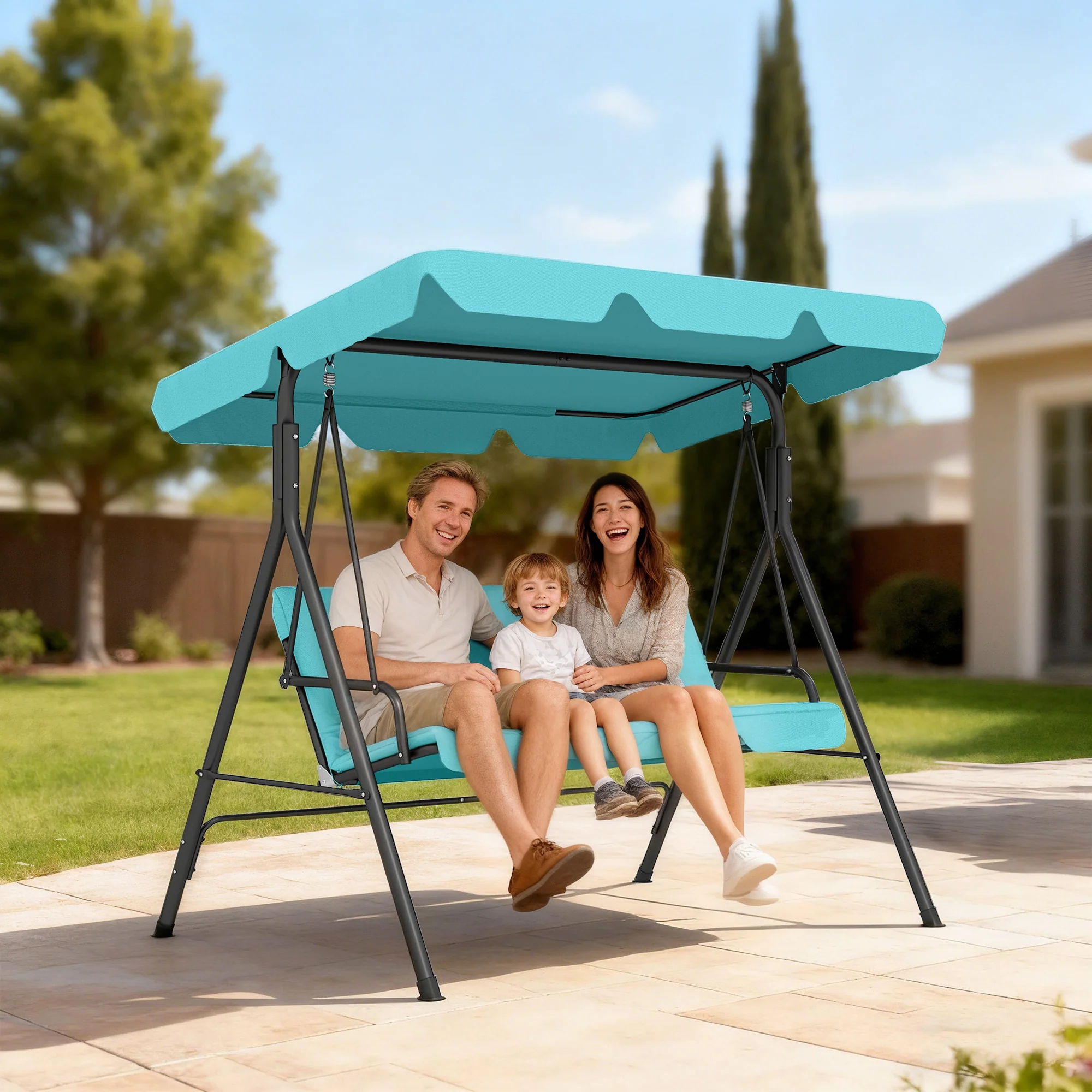 3 Seater Garden Swing Chair with Adjustable Canopy & Padded Seat, Blue - Image 3