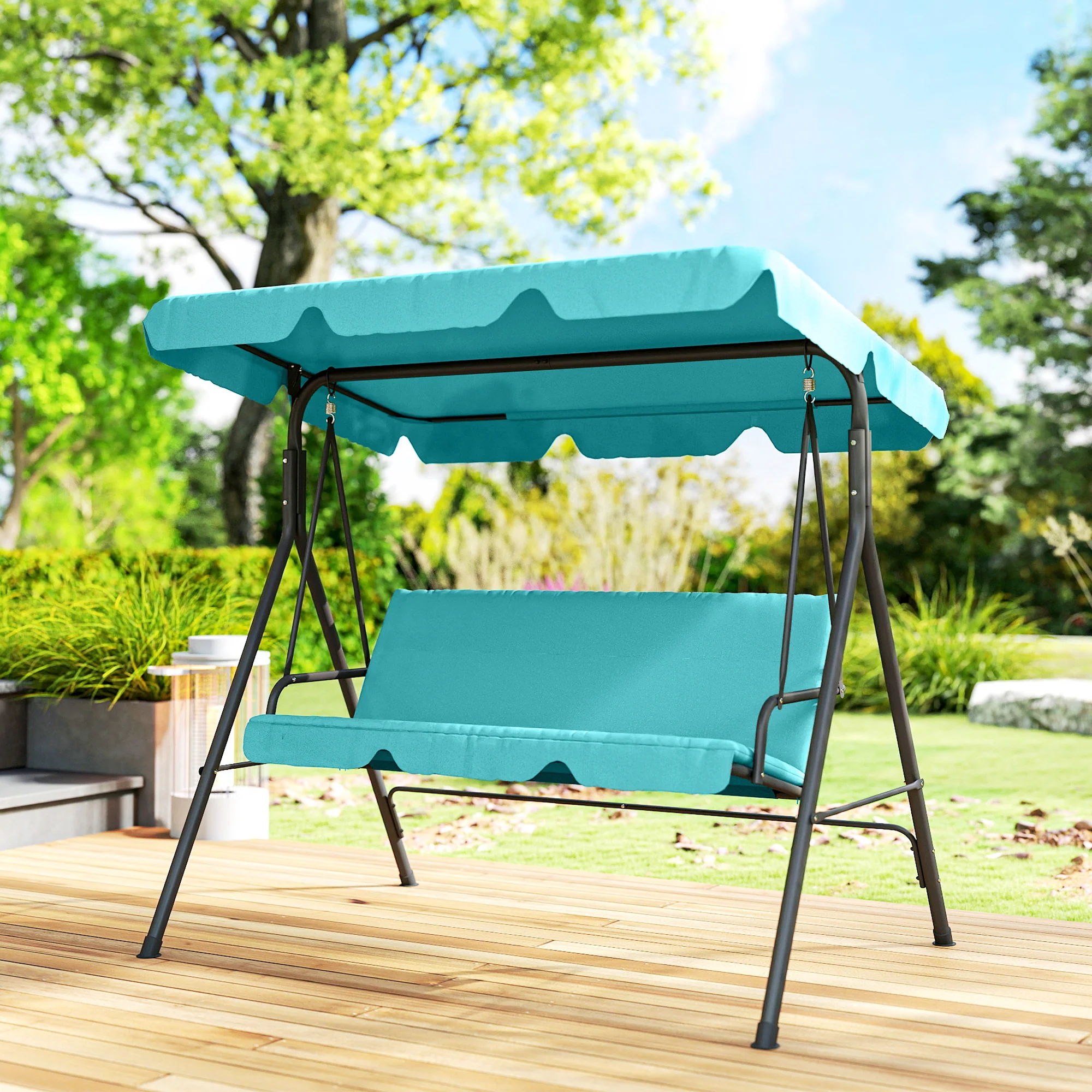 3 Seater Garden Swing Chair with Adjustable Canopy & Padded Seat, Blue - Image 4