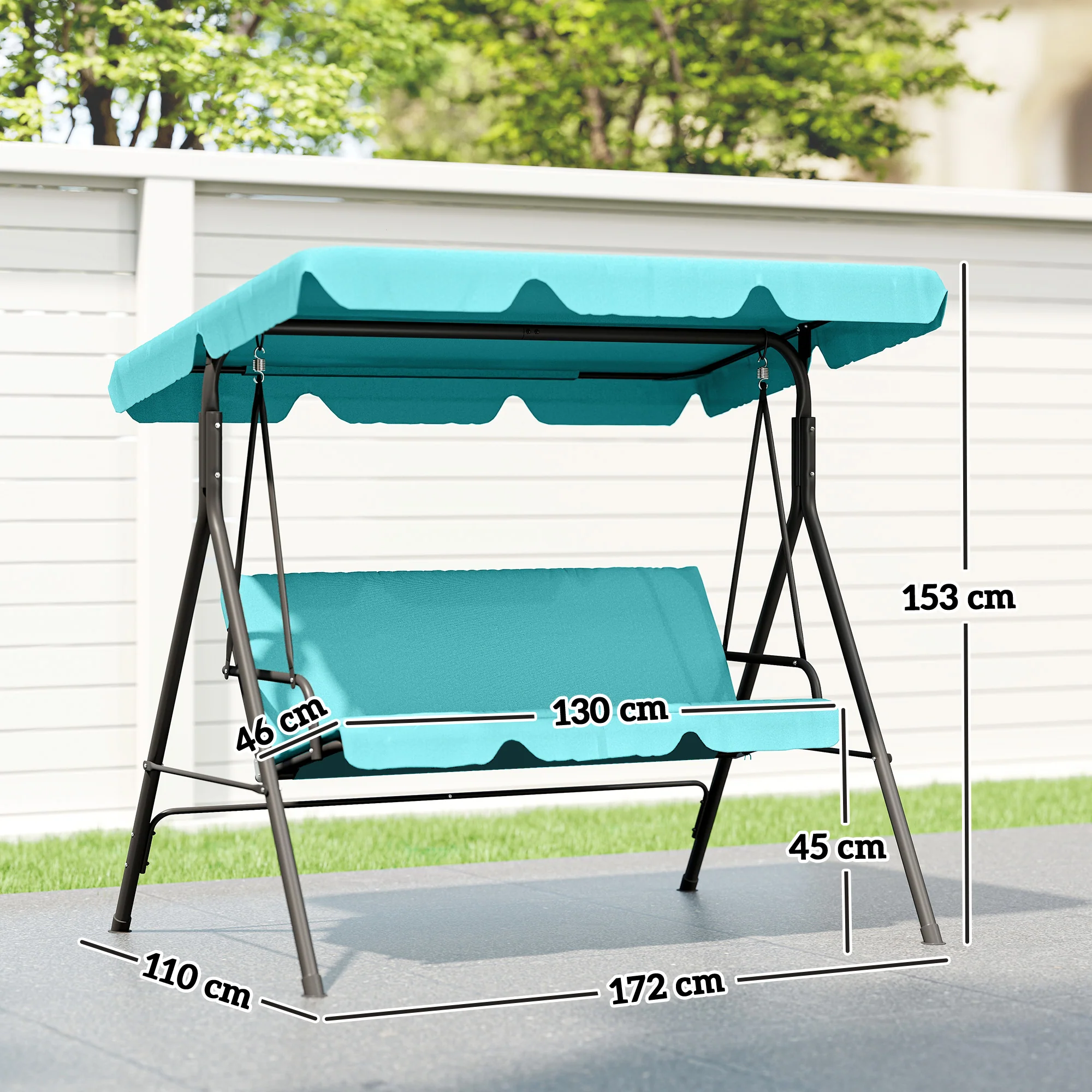 3 Seater Garden Swing Chair with Adjustable Canopy & Padded Seat, Blue - Image 5