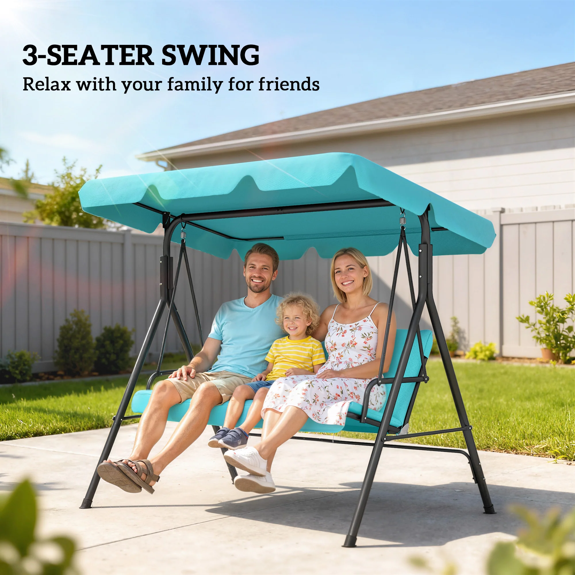 3 Seater Garden Swing Chair with Adjustable Canopy & Padded Seat, Blue - Image 8