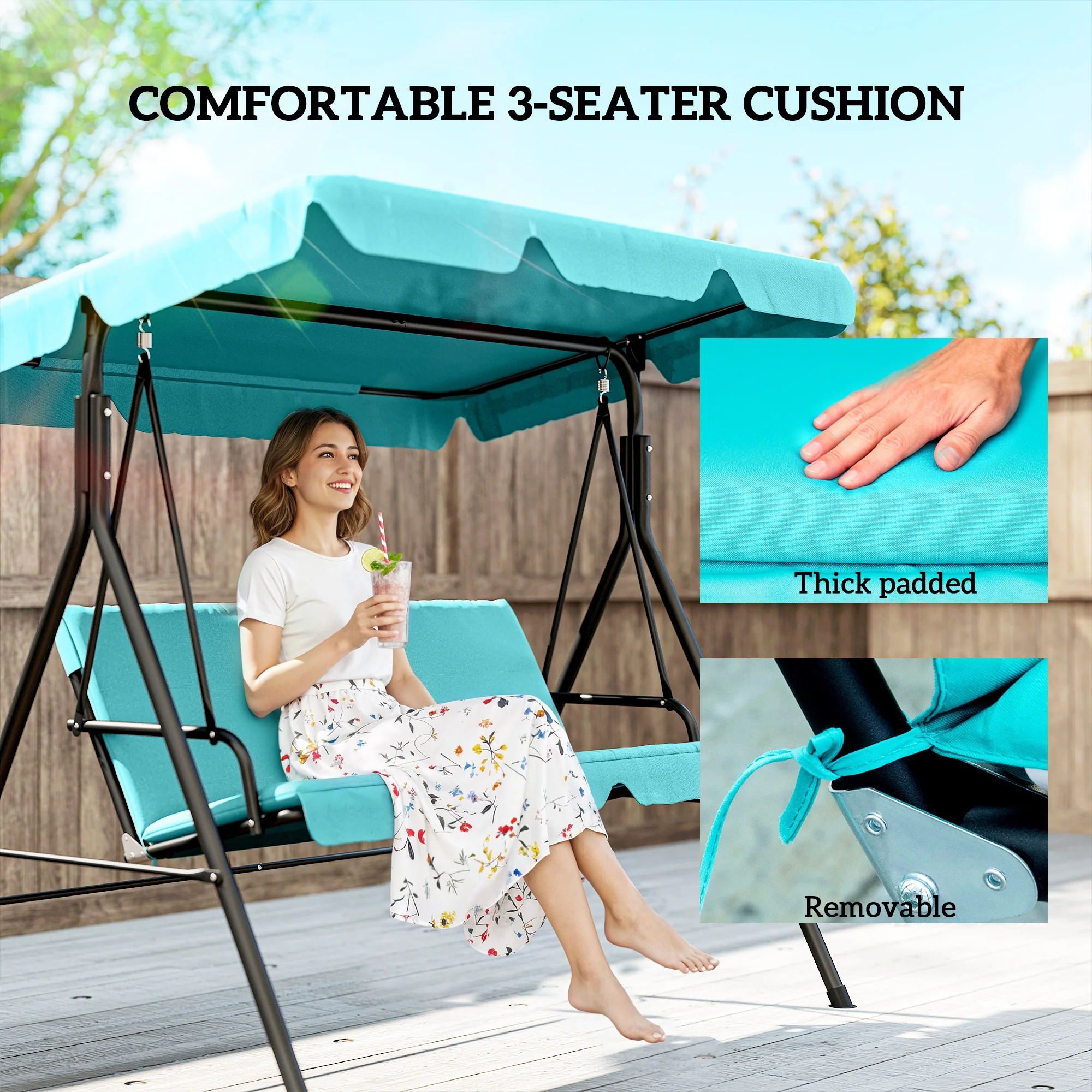 3 Seater Garden Swing Chair with Adjustable Canopy & Padded Seat, Blue - Image 9