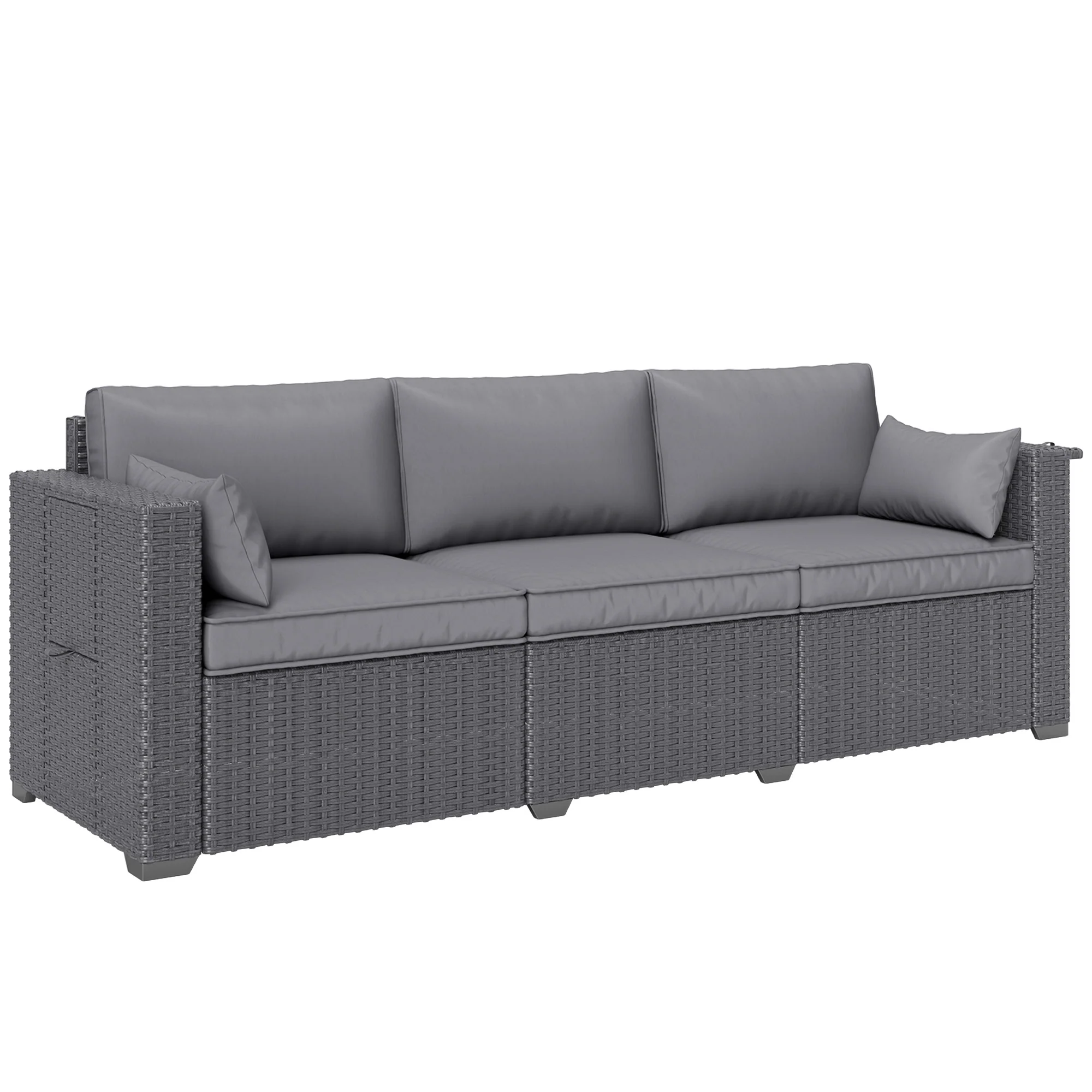 3-Seater Wicker Patio Sofa with Side Trays, 6" Thick Back Cushions, Grey
