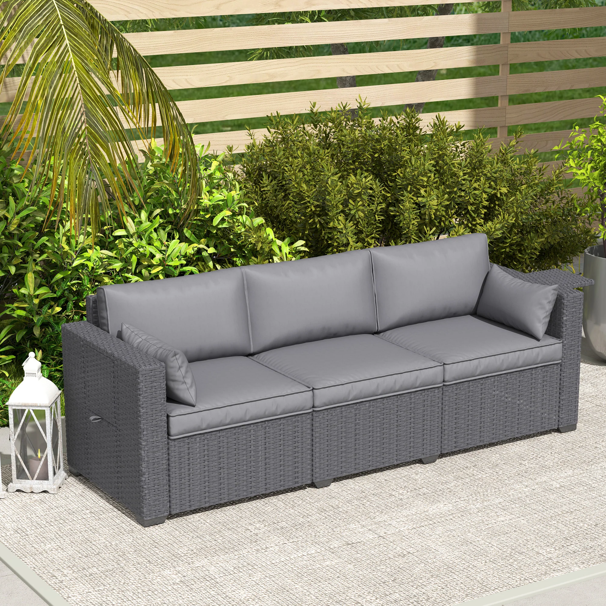 3-Seater Wicker Patio Sofa with Side Trays, 6" Thick Back Cushions, Grey - Image 10
