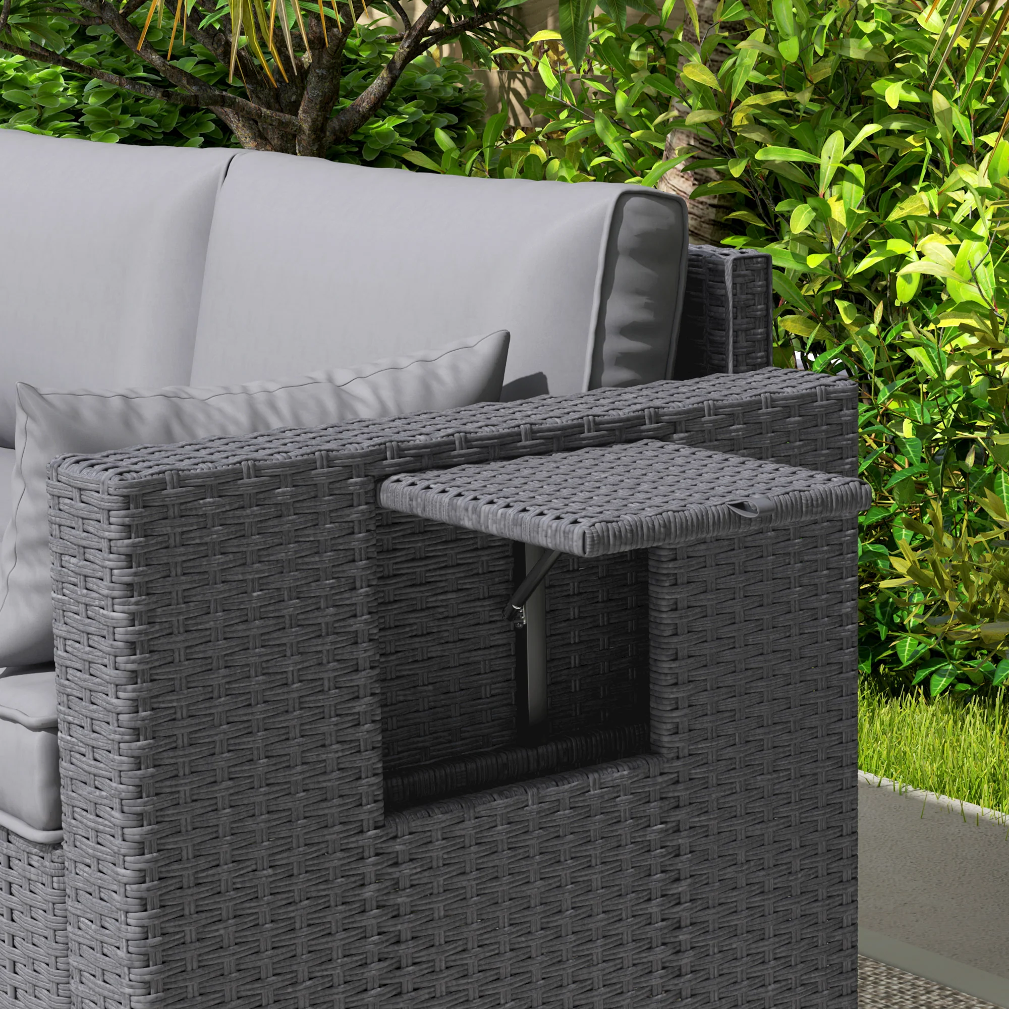 3-Seater Wicker Patio Sofa with Side Trays, 6" Thick Back Cushions, Grey - Image 11