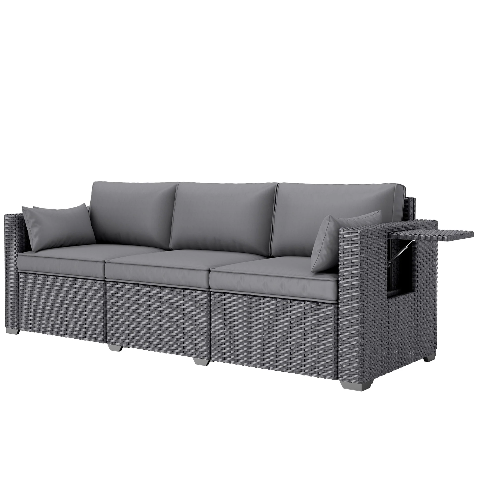 3-Seater Wicker Patio Sofa with Side Trays, 6" Thick Back Cushions, Grey - Image 2