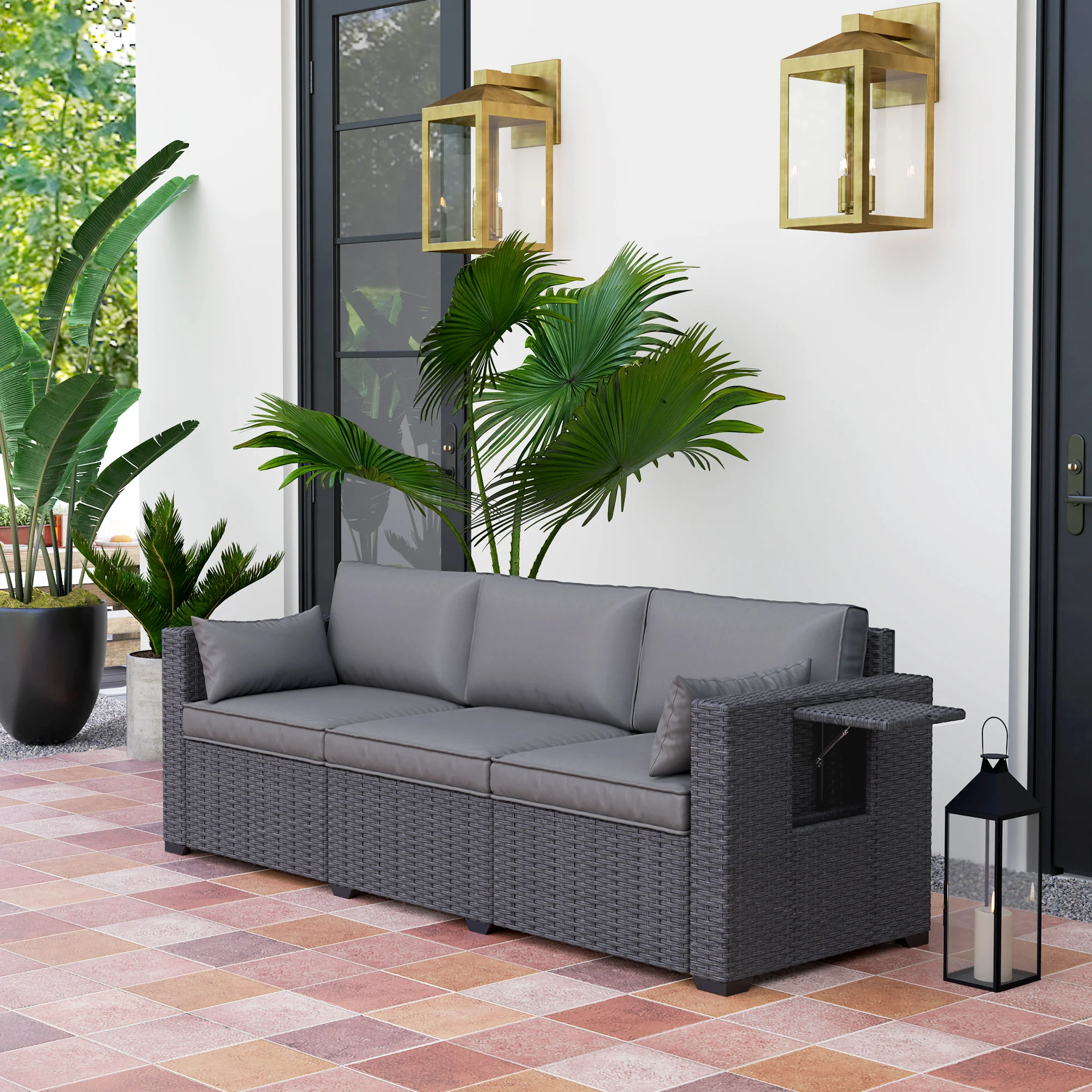 3-Seater Wicker Patio Sofa with Side Trays, 6" Thick Back Cushions, Grey - Image 3
