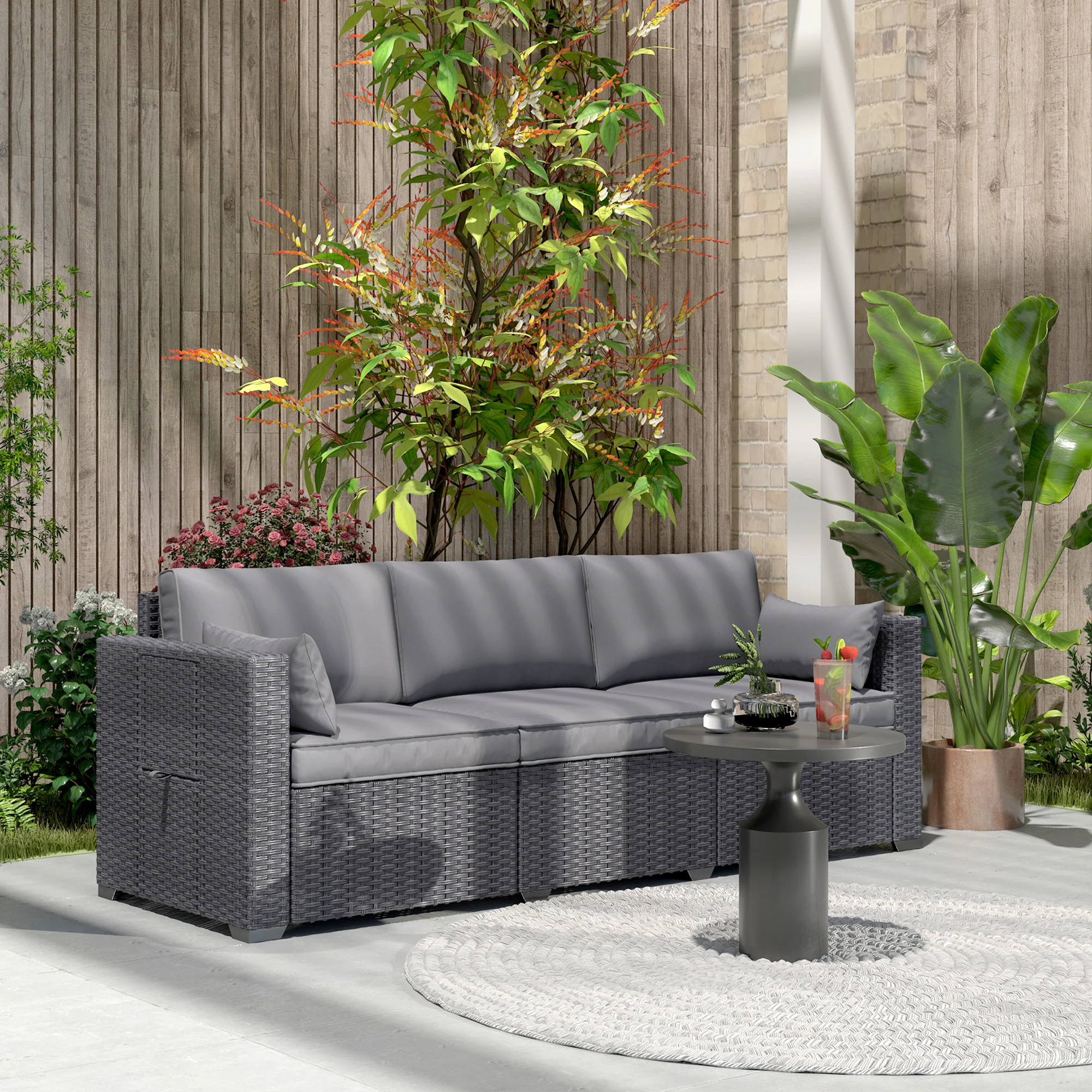 3-Seater Wicker Patio Sofa with Side Trays, 6" Thick Back Cushions, Grey - Image 4