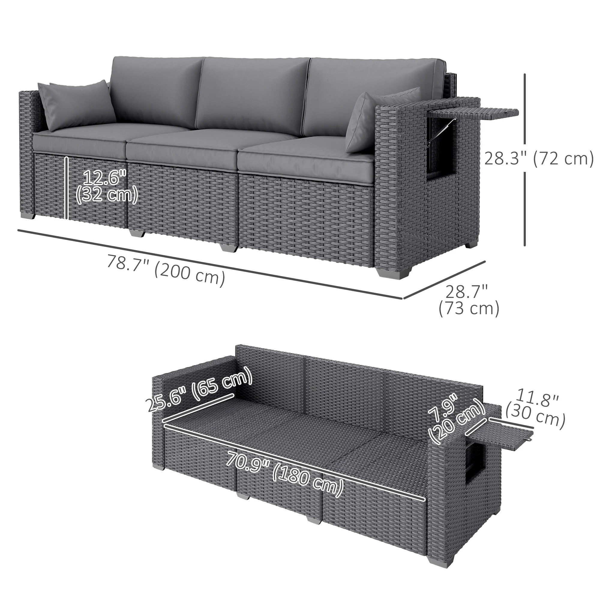 3-Seater Wicker Patio Sofa with Side Trays, 6" Thick Back Cushions, Grey - Image 5