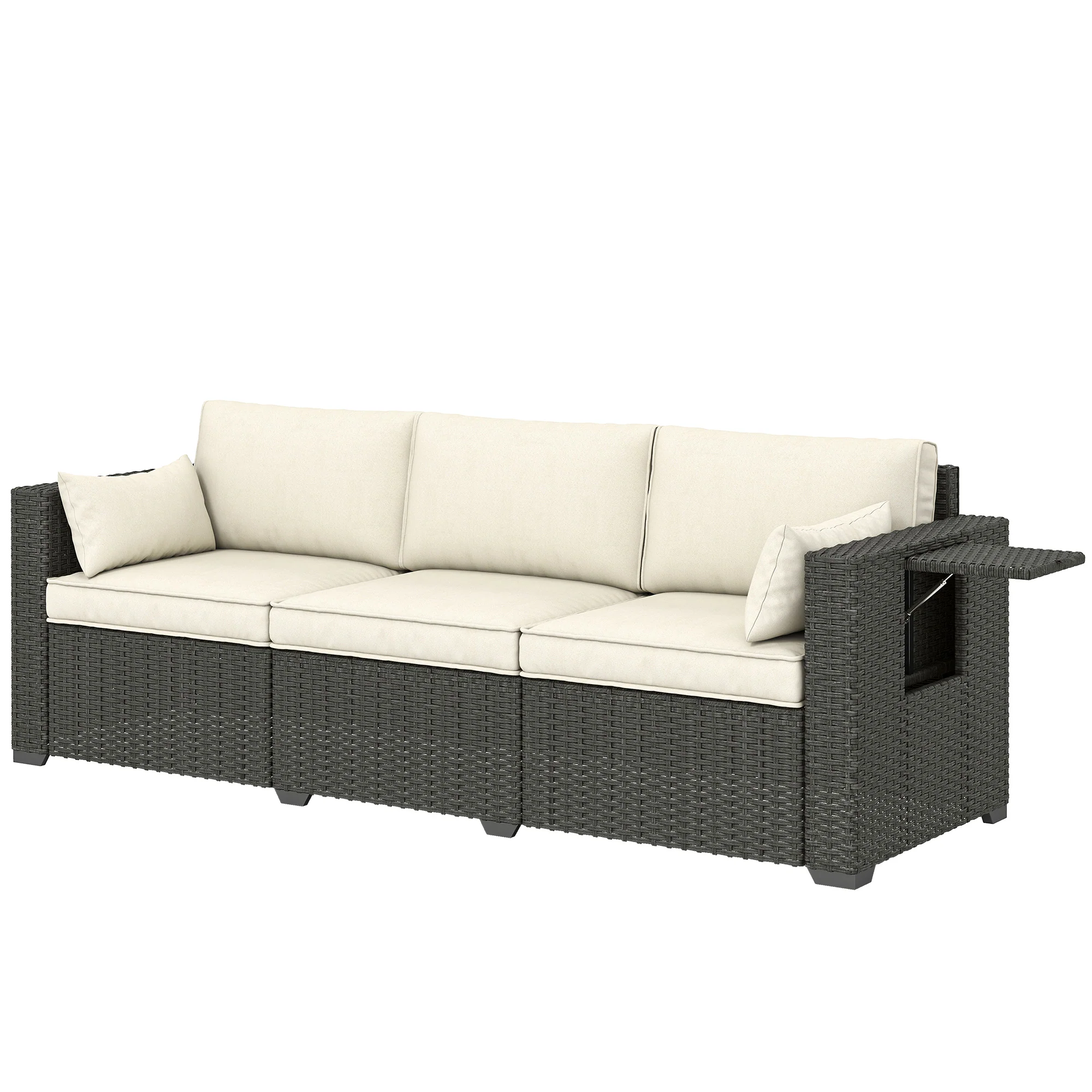 3-Seater Wicker Outdoor Sofa with Side Trays & Thick Cushions, Cream White