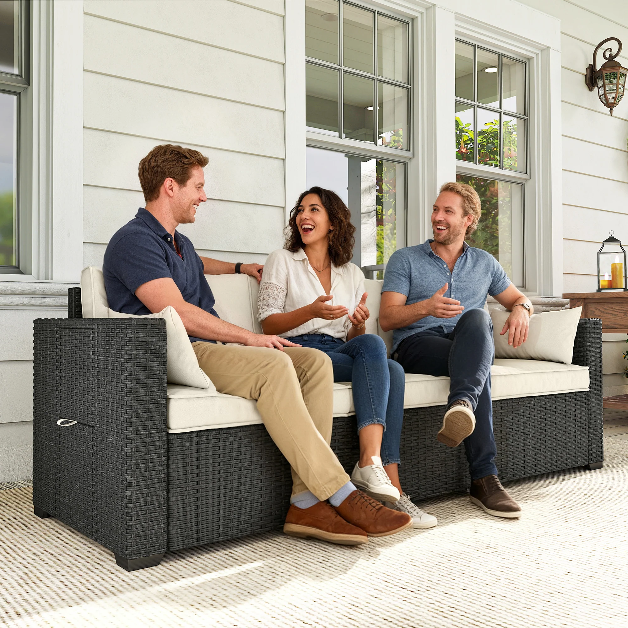 3-Seater Wicker Outdoor Sofa with Side Trays & Thick Cushions, Cream White - Image 10