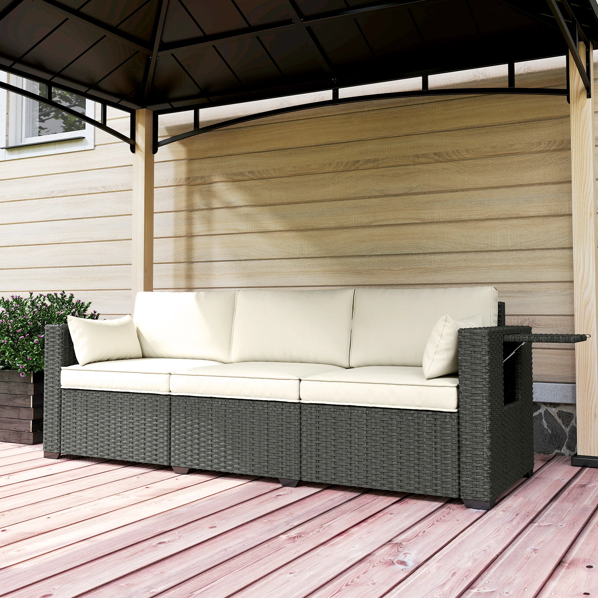3-Seater Wicker Outdoor Sofa with Side Trays & Thick Cushions, Cream White - Image 11