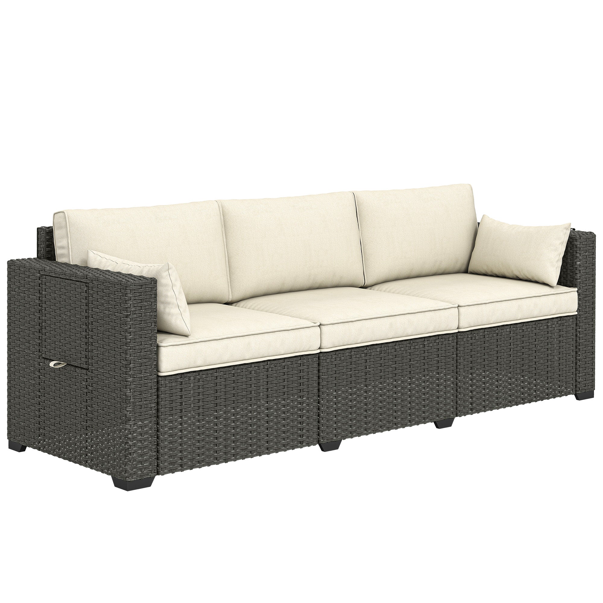 3-Seater Wicker Outdoor Sofa with Side Trays & Thick Cushions, Cream White - Image 2
