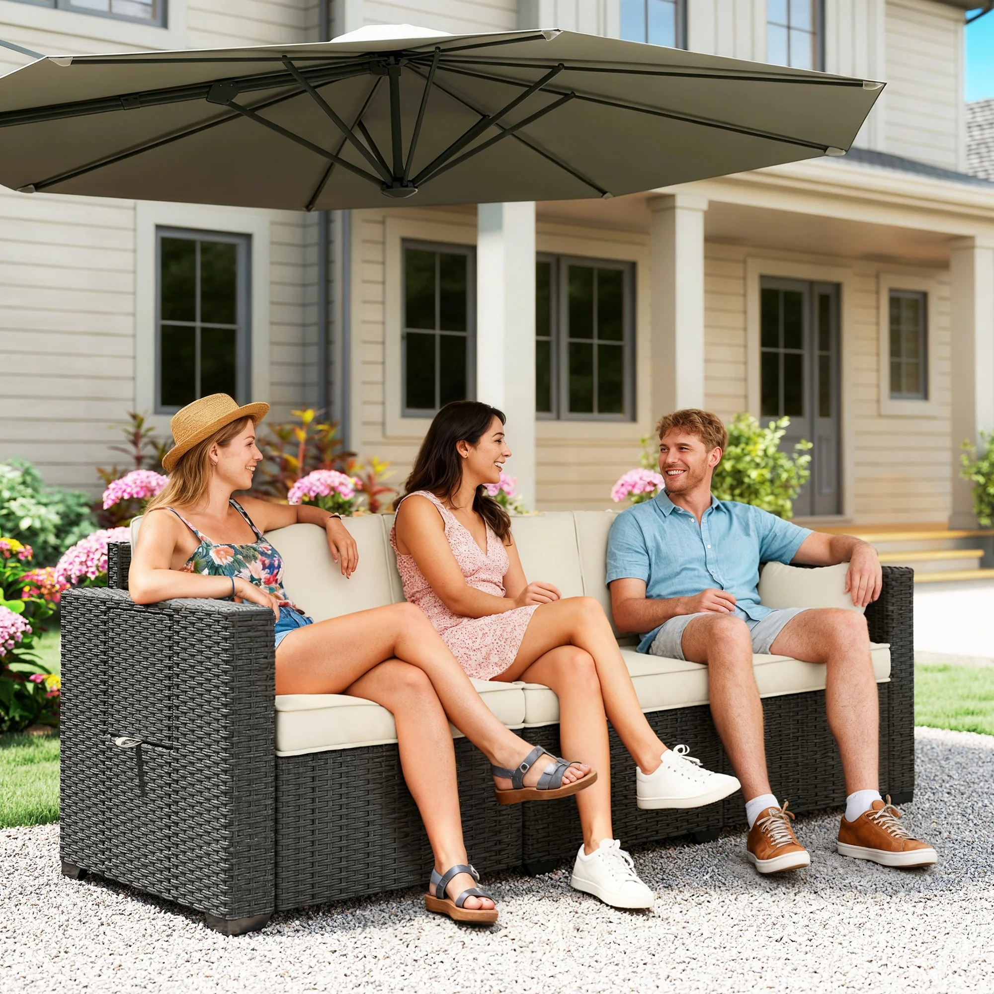 3-Seater Wicker Outdoor Sofa with Side Trays & Thick Cushions, Cream White - Image 3