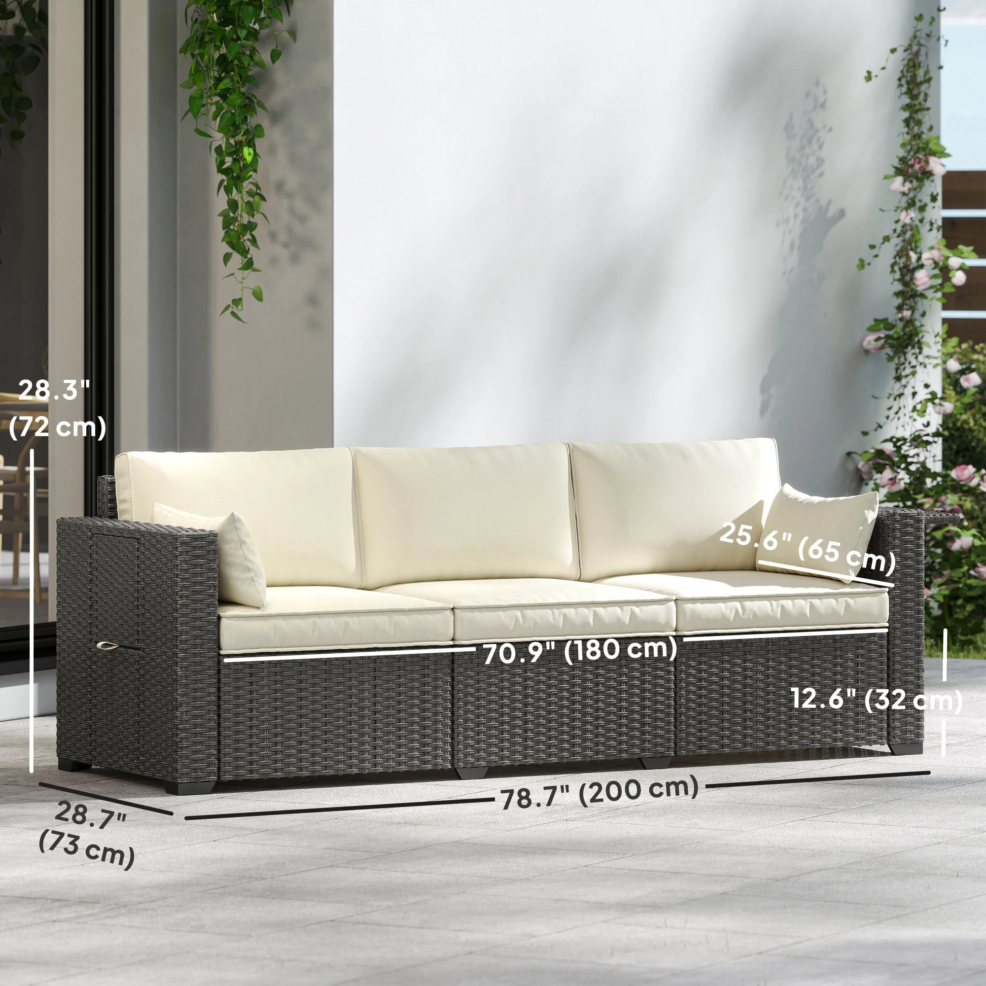 3-Seater Wicker Outdoor Sofa with Side Trays & Thick Cushions, Cream White - Image 5
