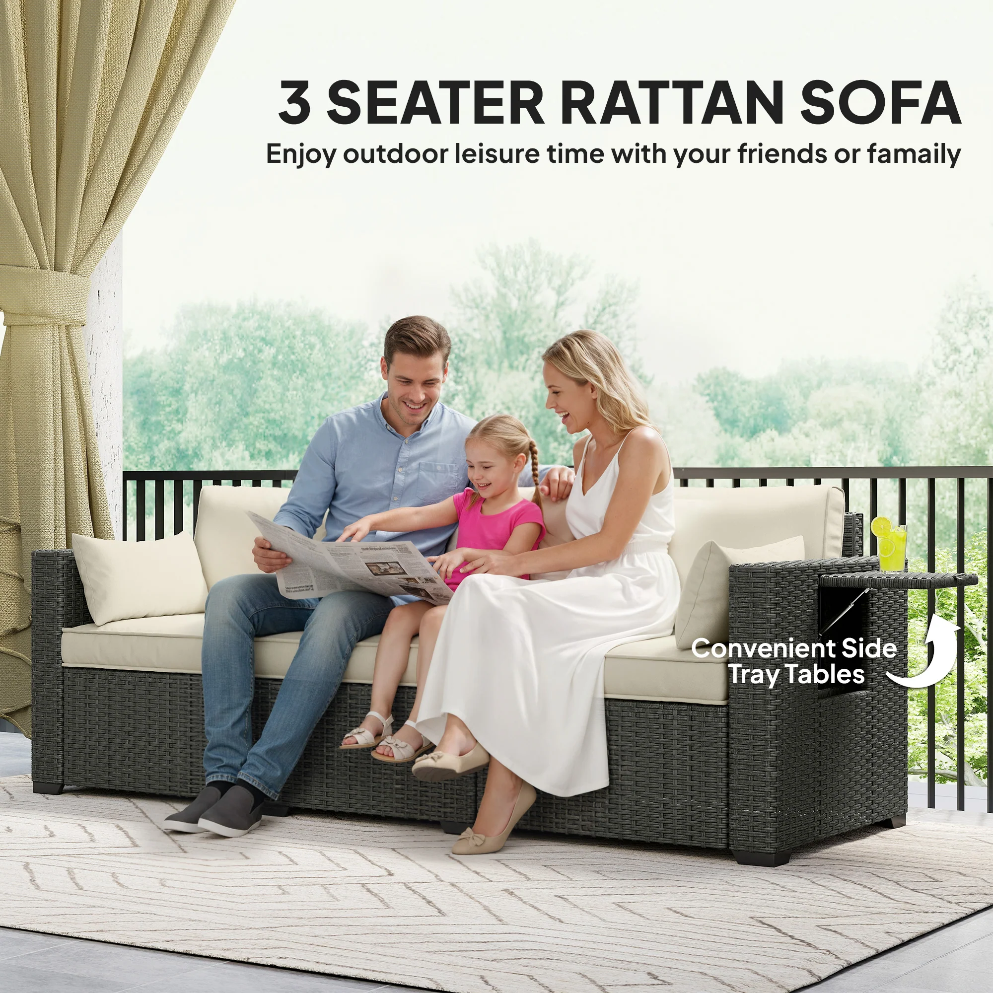 3-Seater Wicker Outdoor Sofa with Side Trays & Thick Cushions, Cream White - Image 6